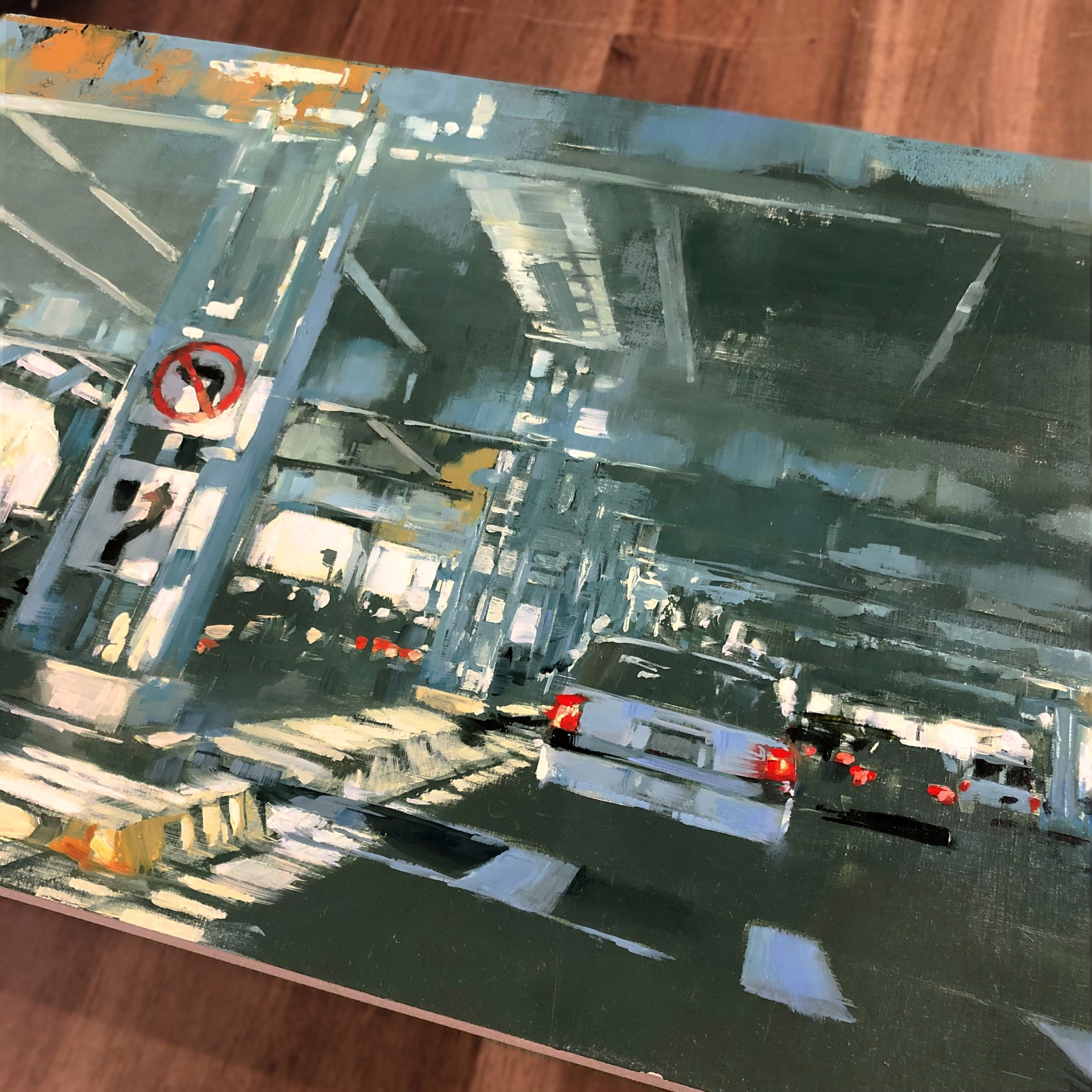 A vibrant painting of a sunlit underpass with cars and traffic signs.