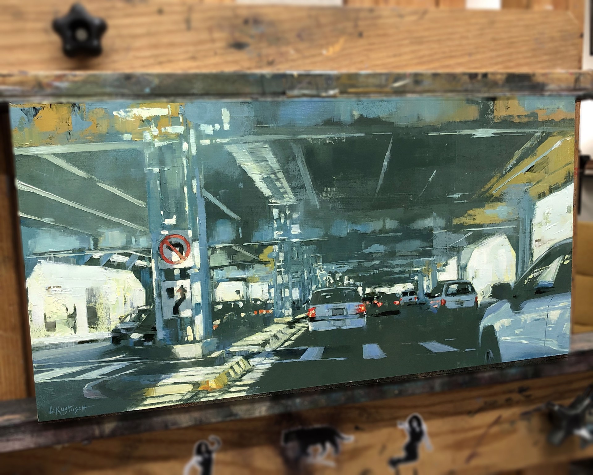 A vibrant painting of a sunlit underpass with cars and traffic signs.