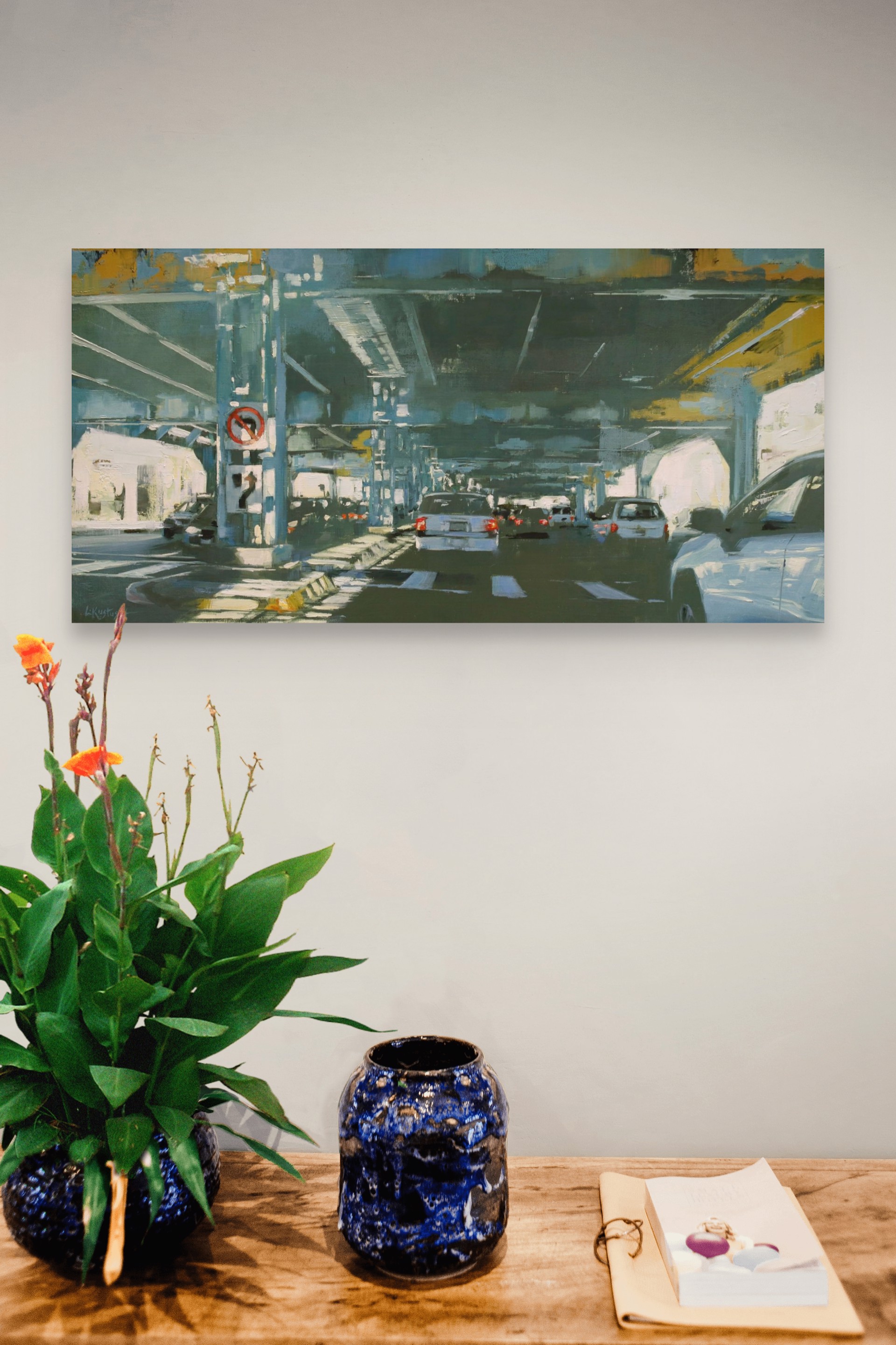 A vibrant painting of a sunlit underpass with cars and traffic signs.