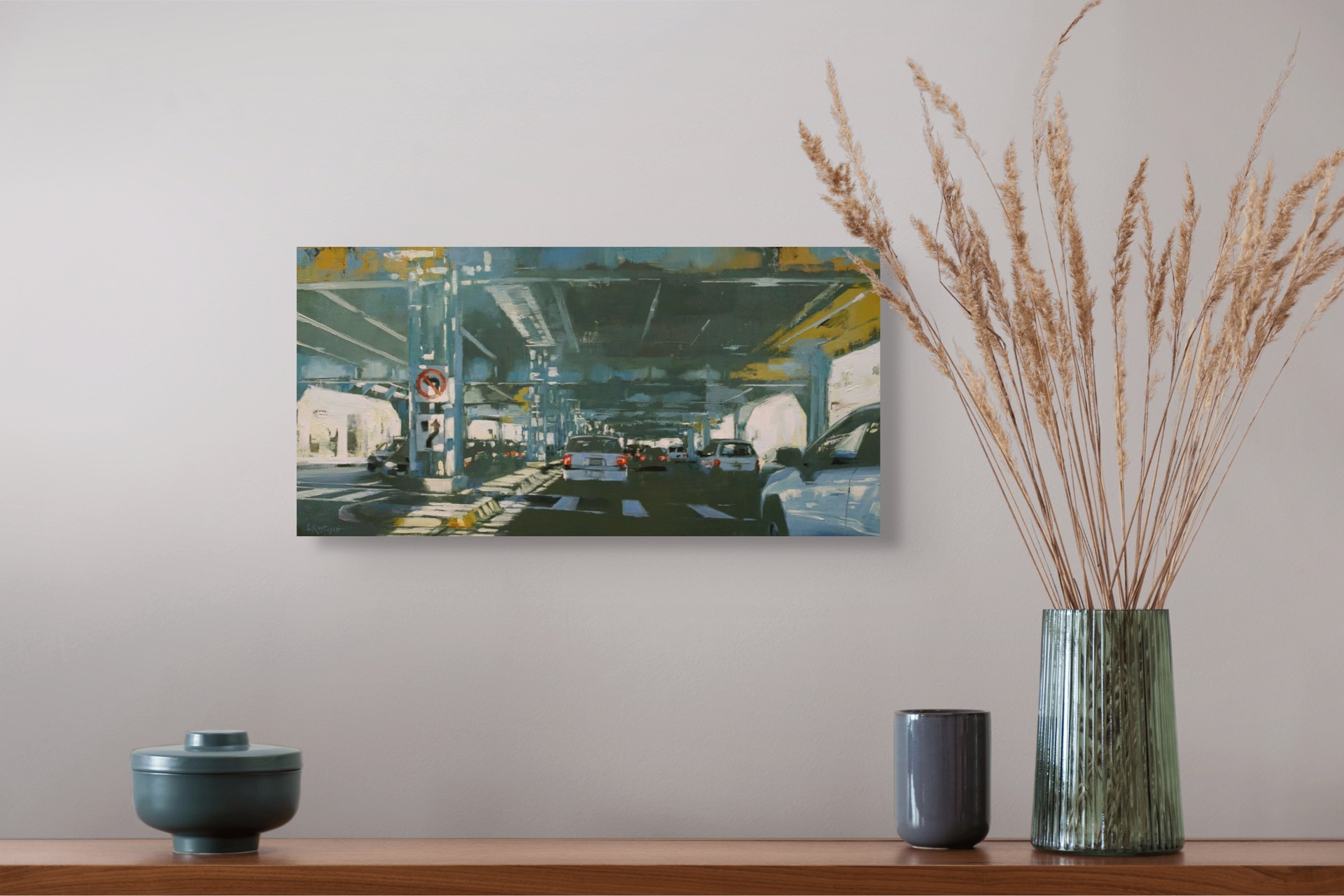 A vibrant painting of a sunlit underpass with cars and traffic signs.