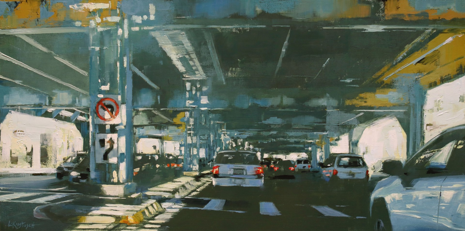 A vibrant painting of a sunlit underpass with cars and traffic signs.