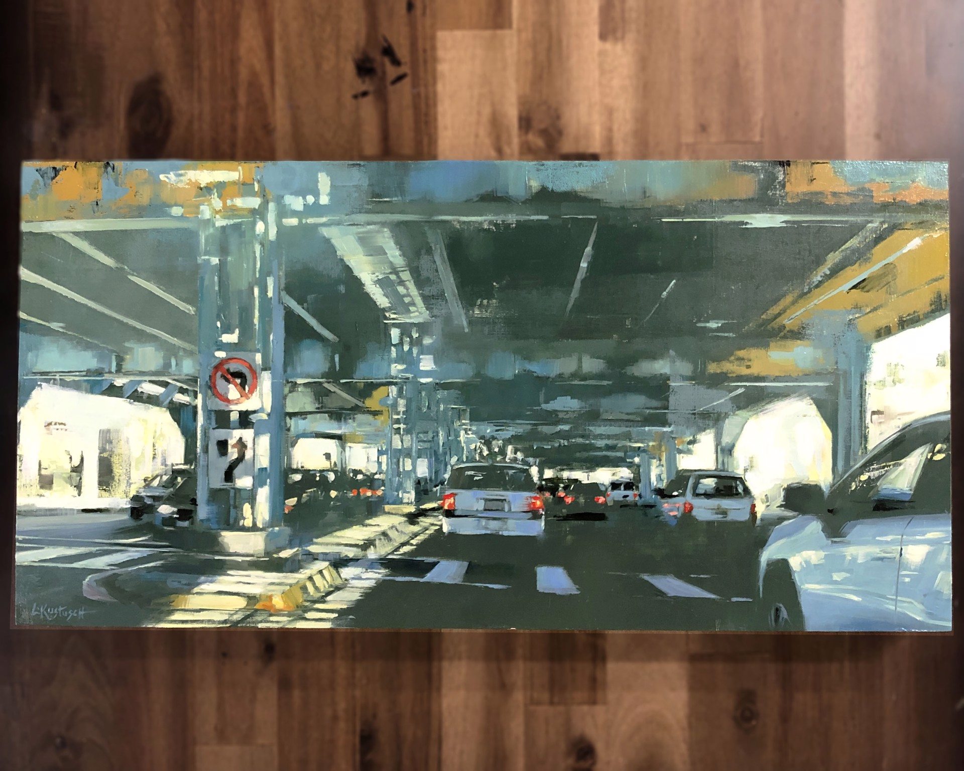 A vibrant painting of a sunlit underpass with cars and traffic signs.