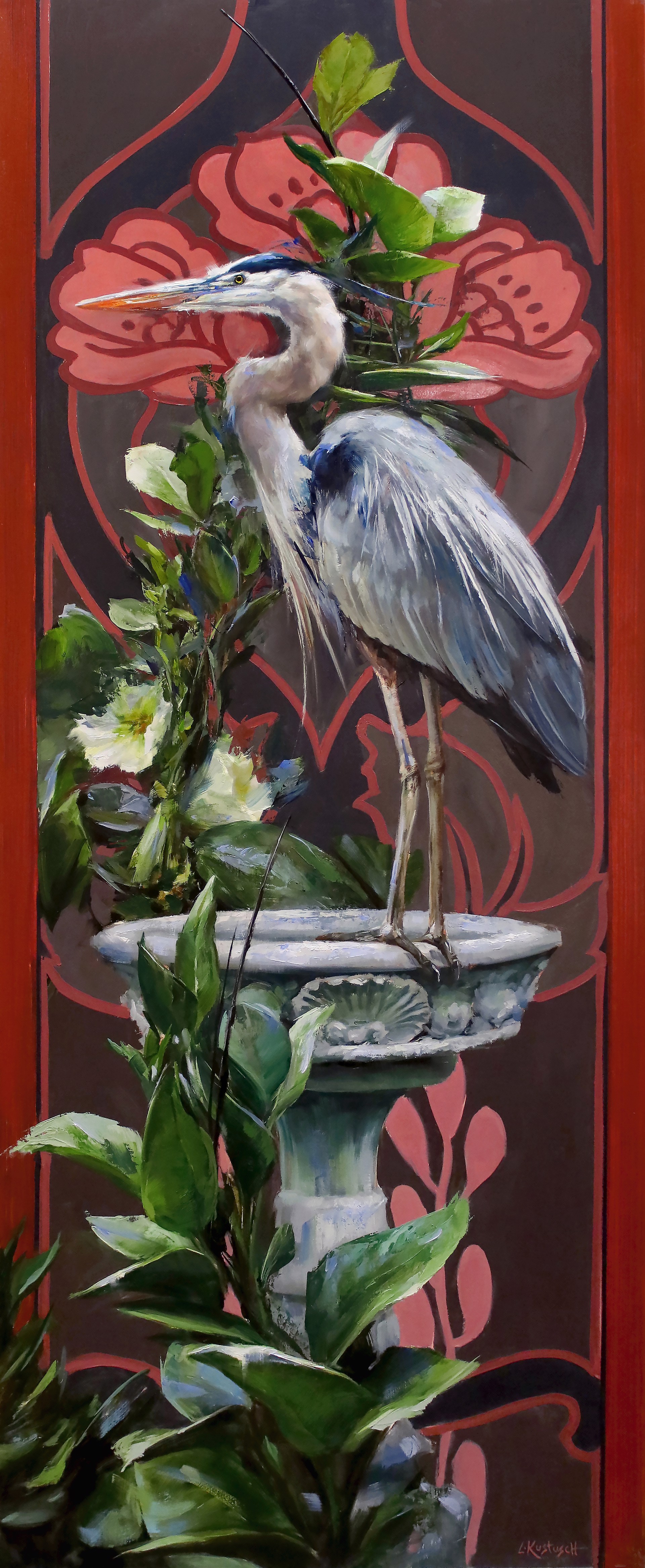 A painting of a bird sitting on top of a flower pot.