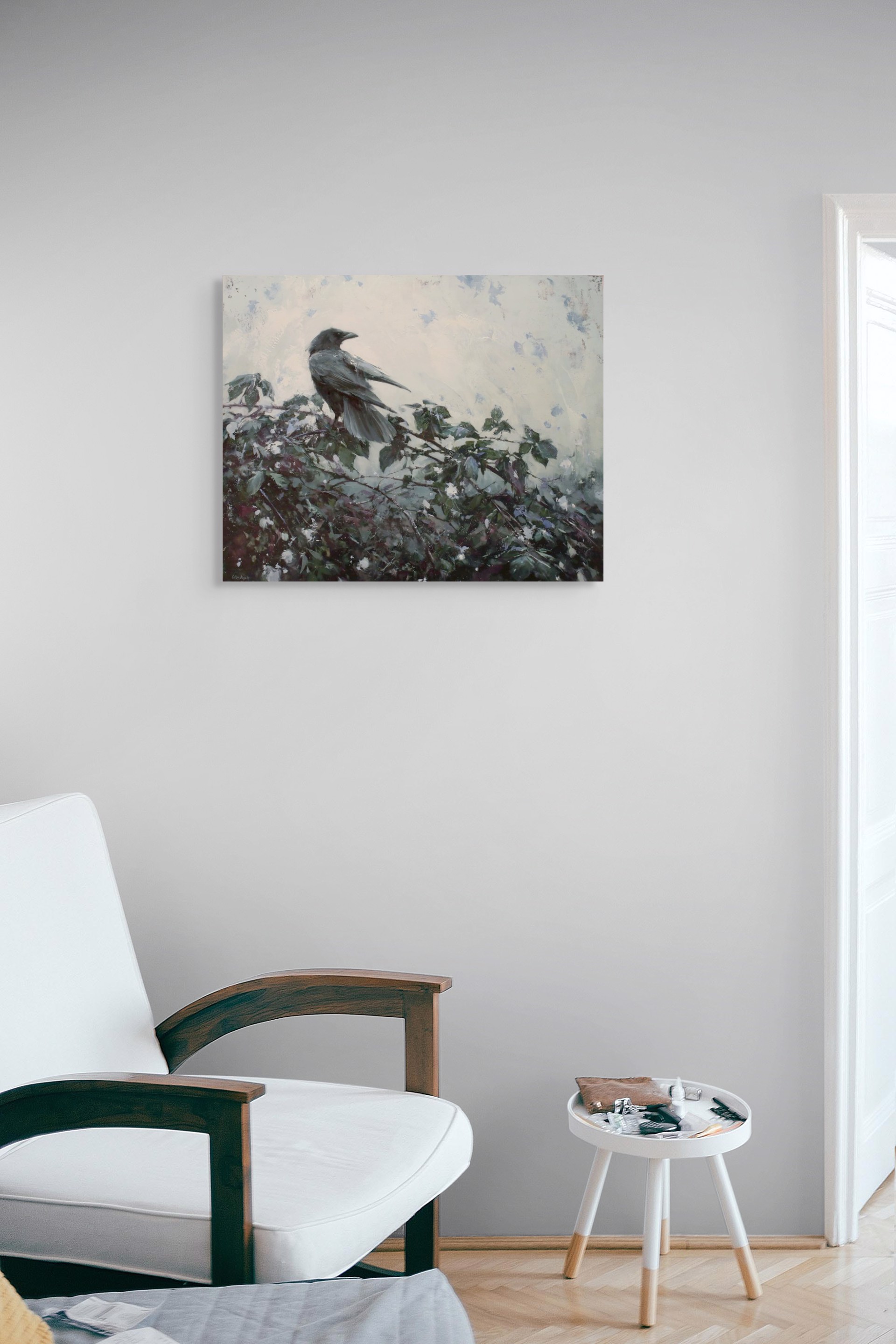 A solitary dark bird perches on a leafy branch against a textured, muted background.
