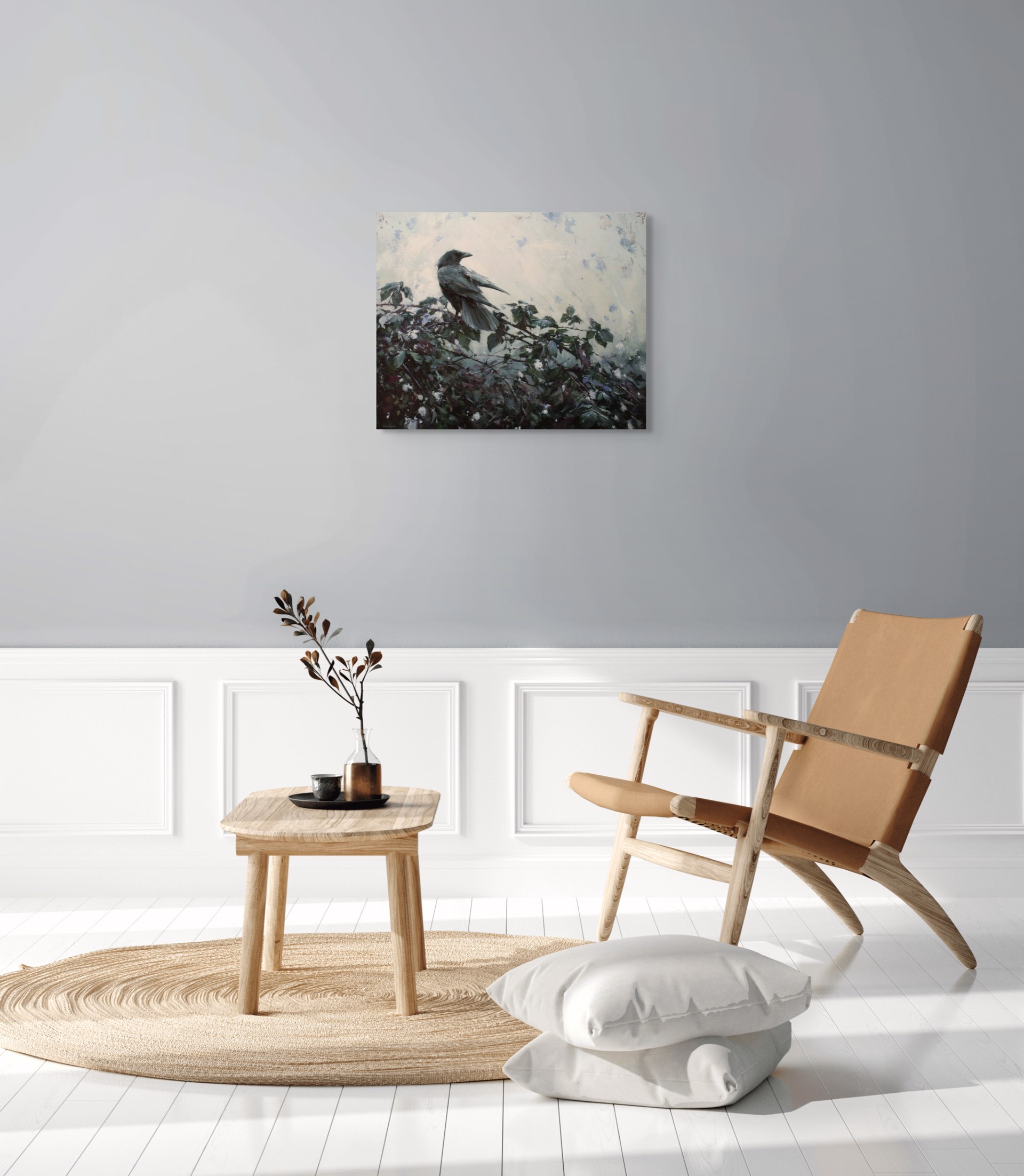A solitary dark bird perches on a leafy branch against a textured, muted background.