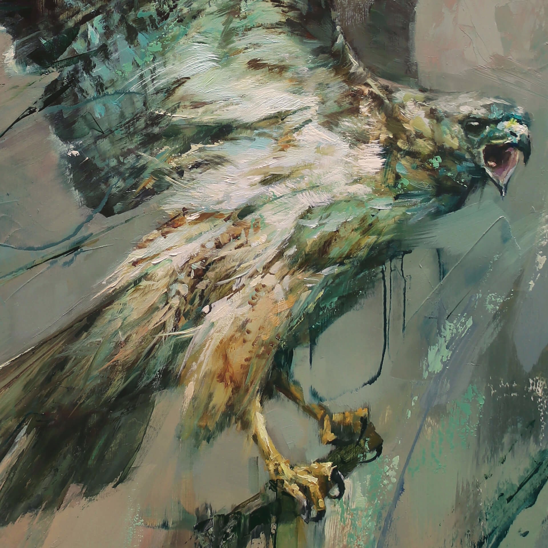 A painting of an eagle perched on a branch.
