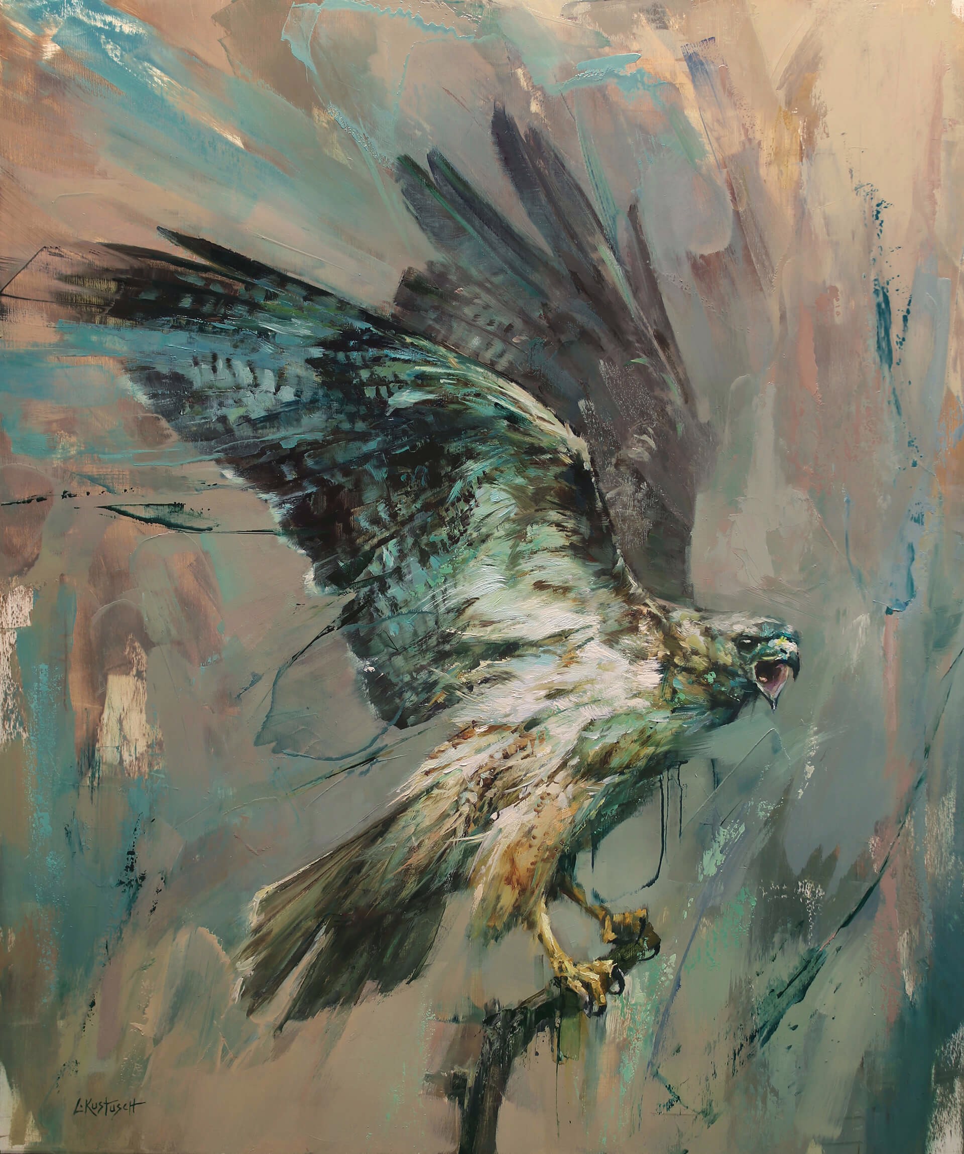 A painting of an eagle perched on a branch.