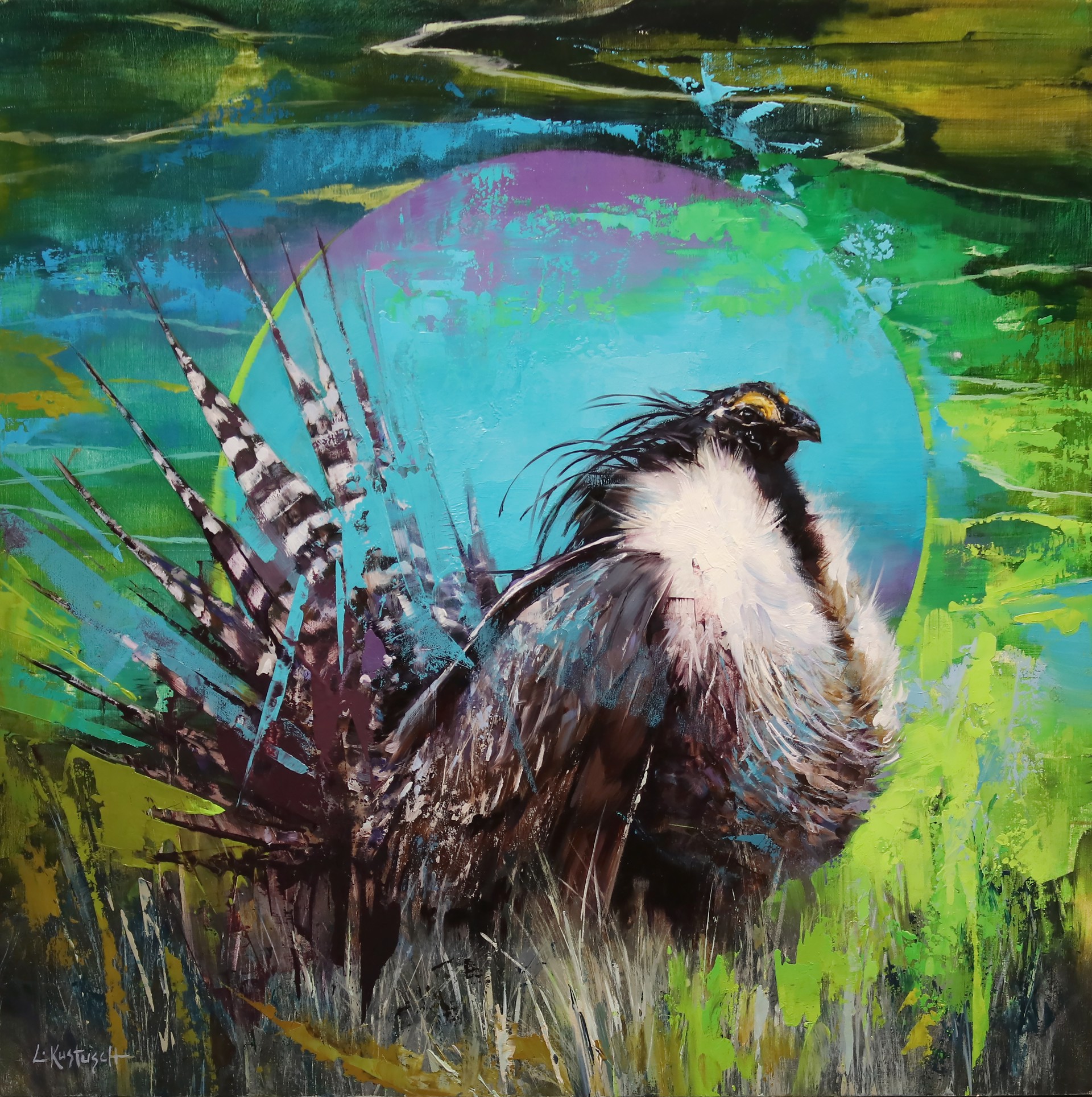 A painting of a bird sitting in the grass.