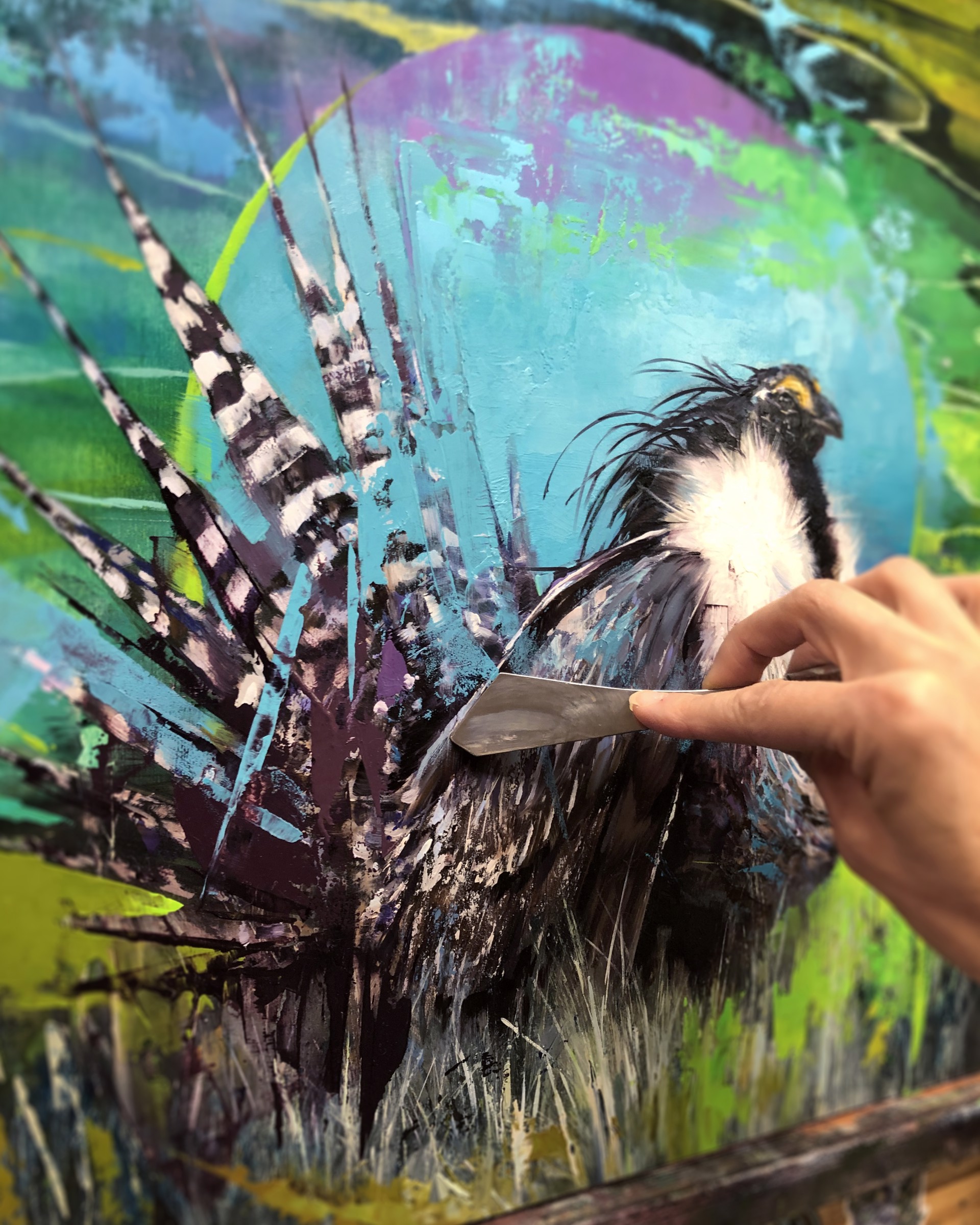 A painting of a bird sitting in the grass.