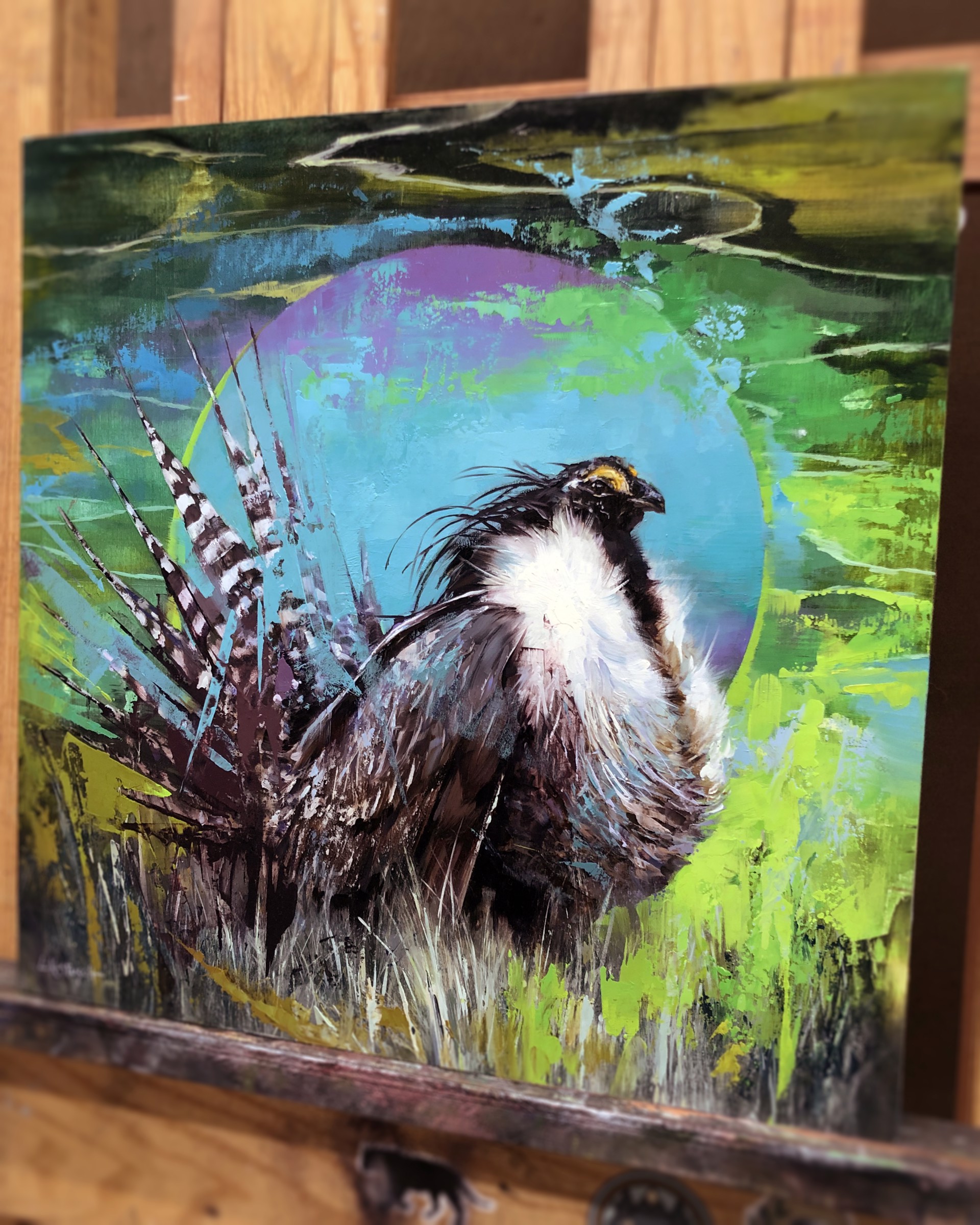 A painting of a bird sitting in the grass.