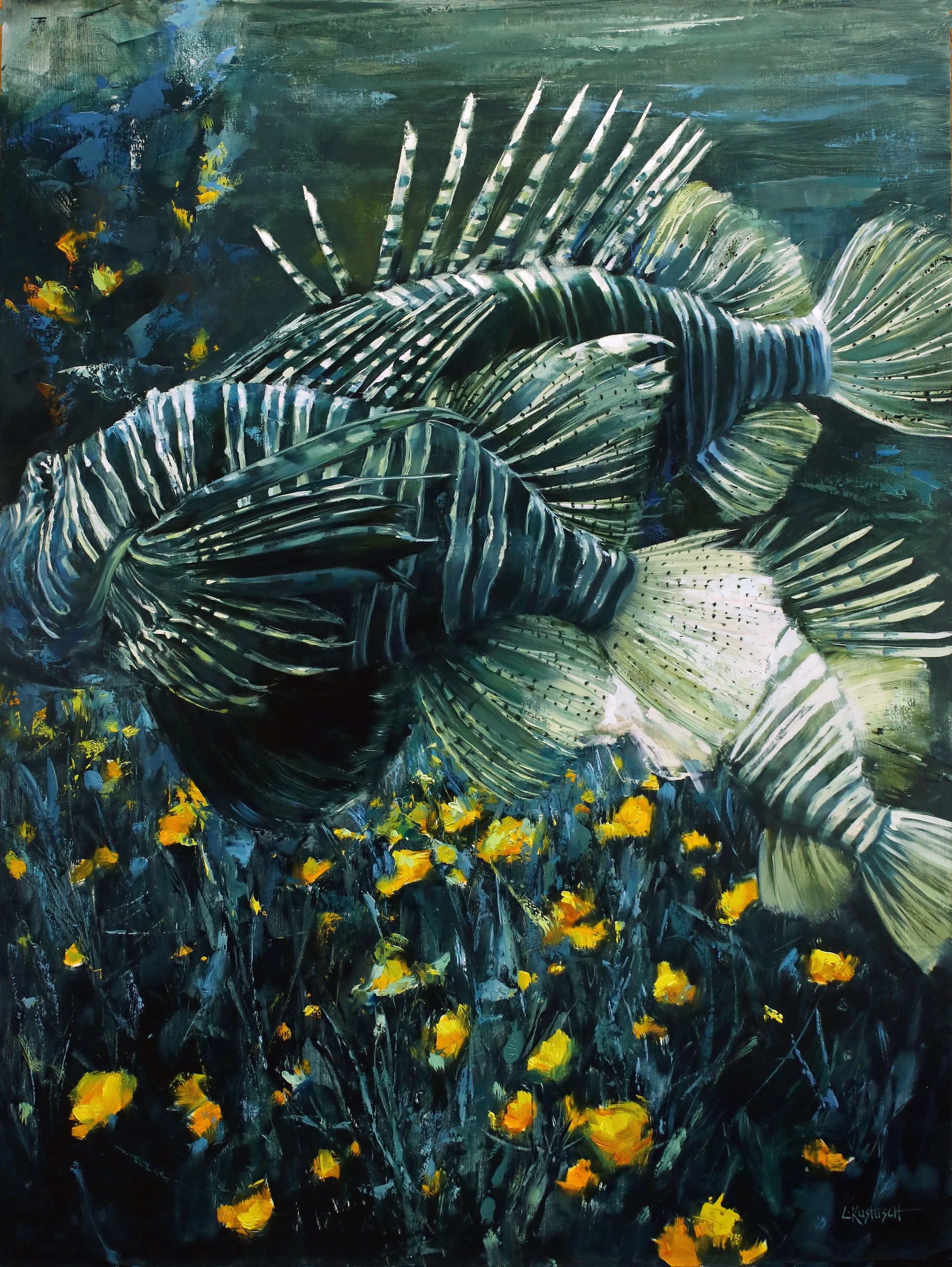 A painting of a lionfish in a field of yellow flowers.
