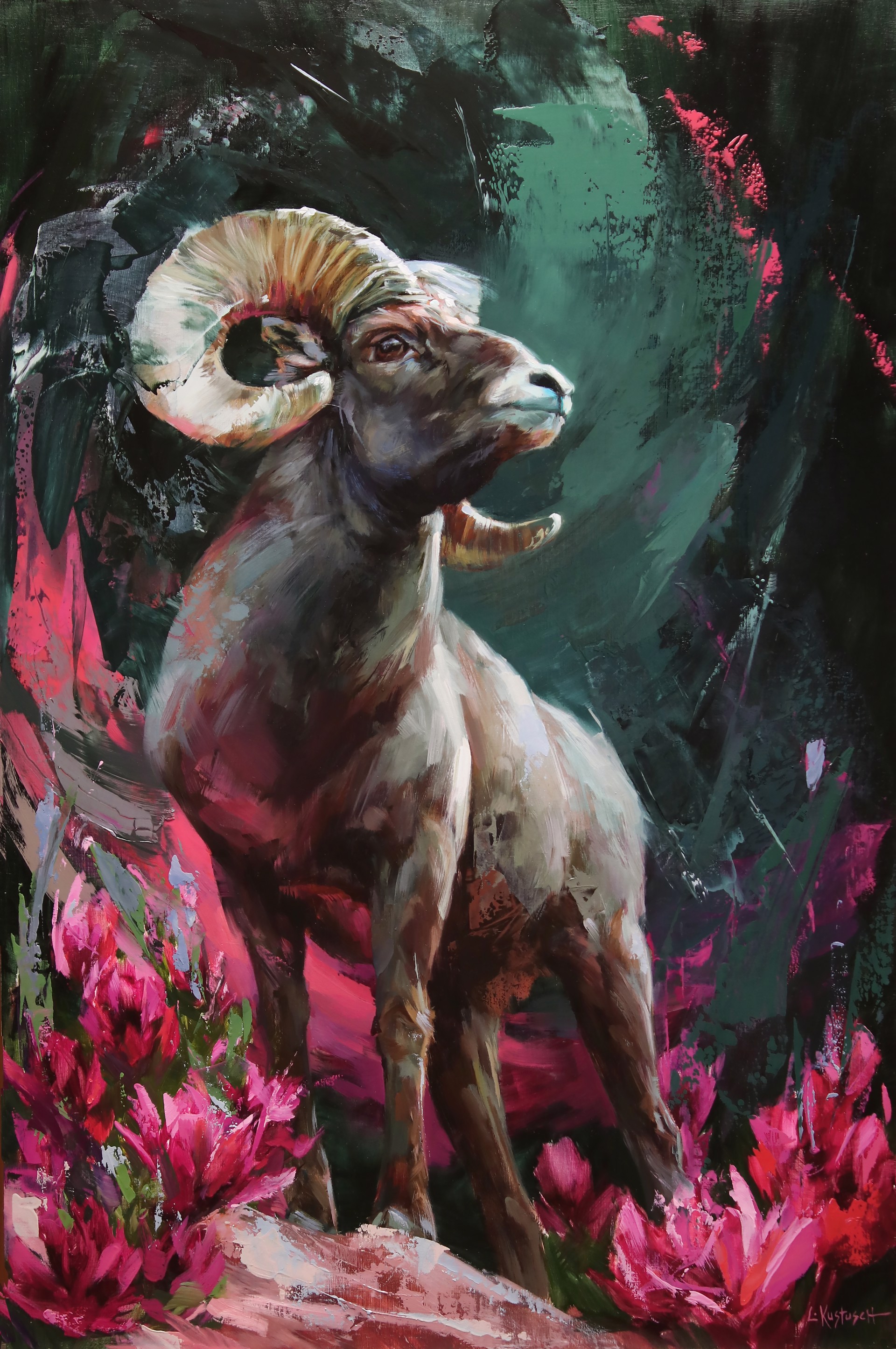 A painting of a ram standing on a rock surrounded by flowers.