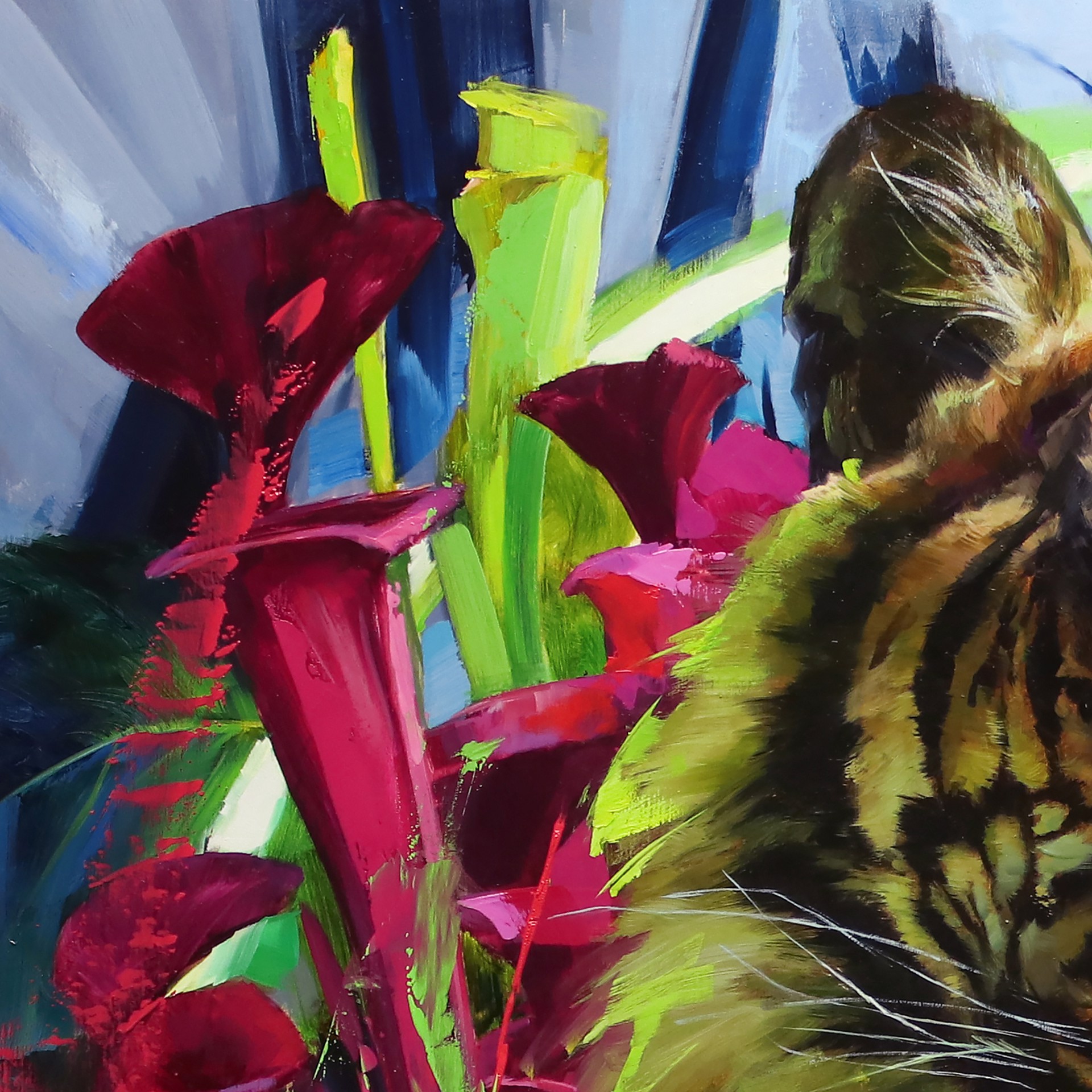 A painting of a tiger laying down in a field of flowers.