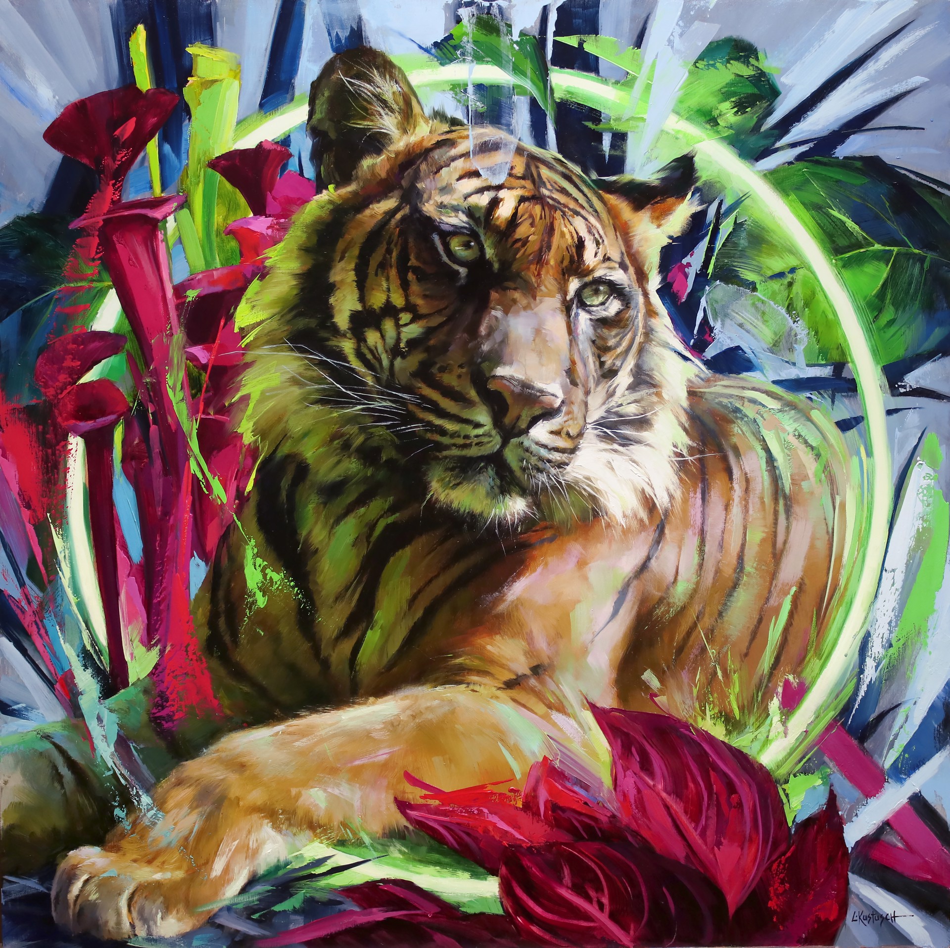 A painting of a tiger laying down in a field of flowers.
