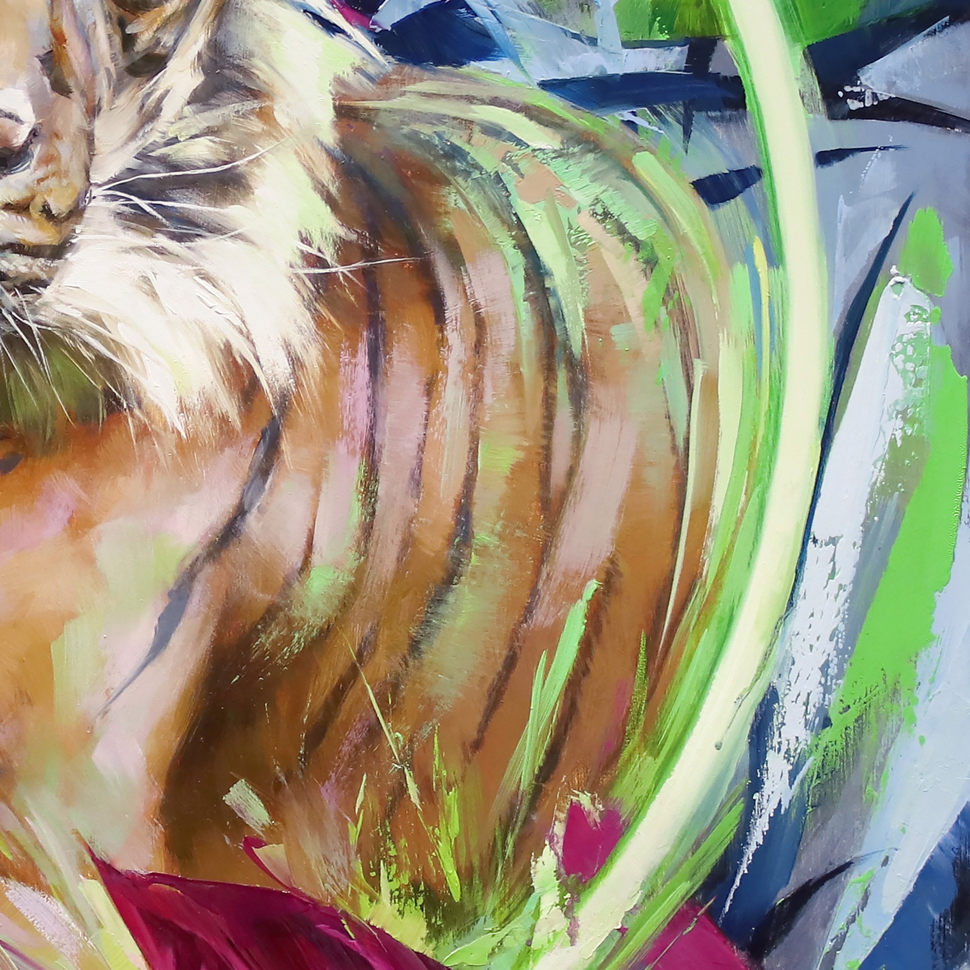 A painting of a tiger laying down in a field of flowers.