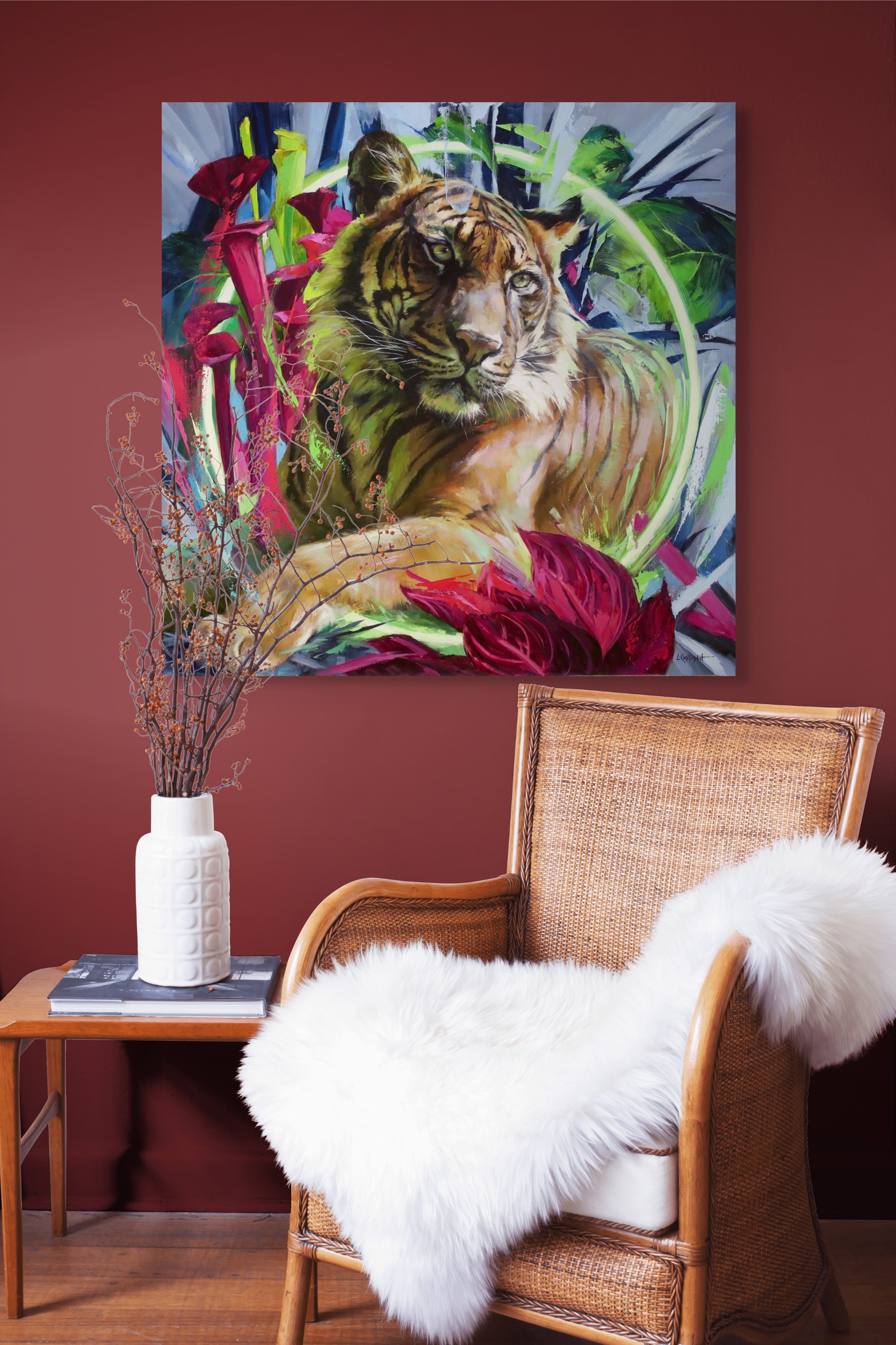 A painting of a tiger laying down in a field of flowers.