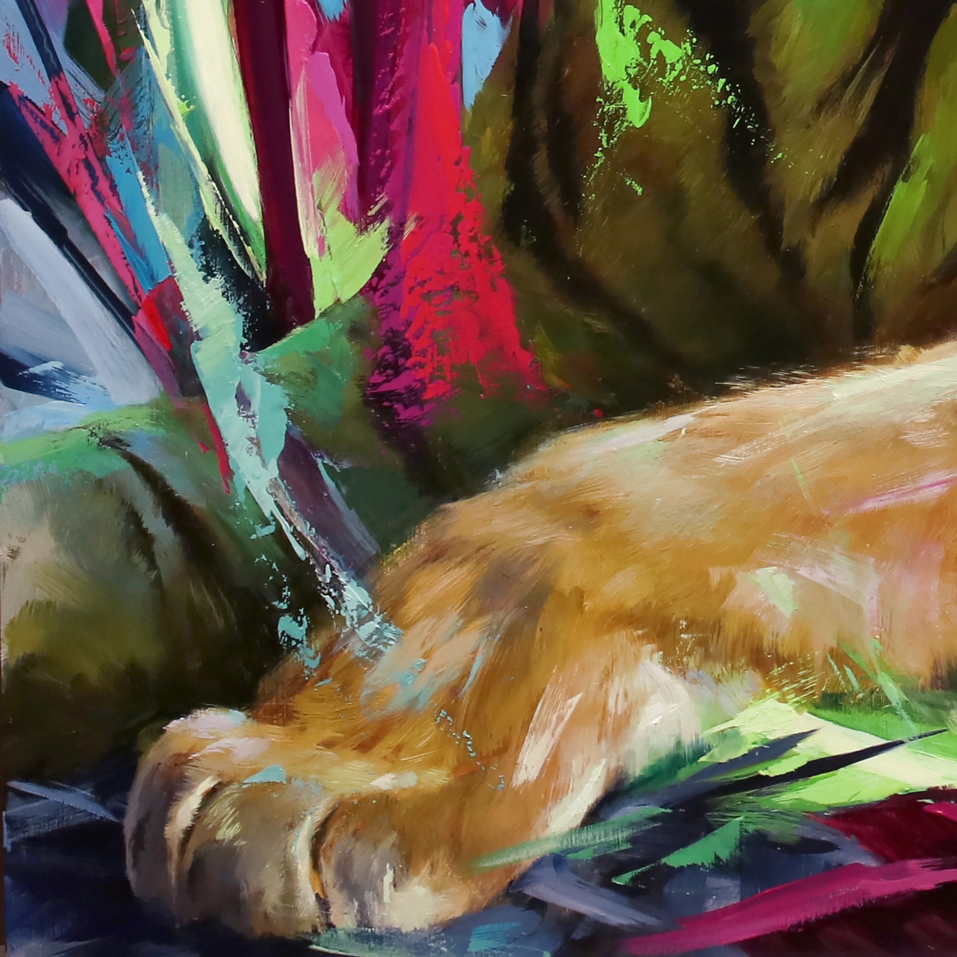 A painting of a tiger laying down in a field of flowers.