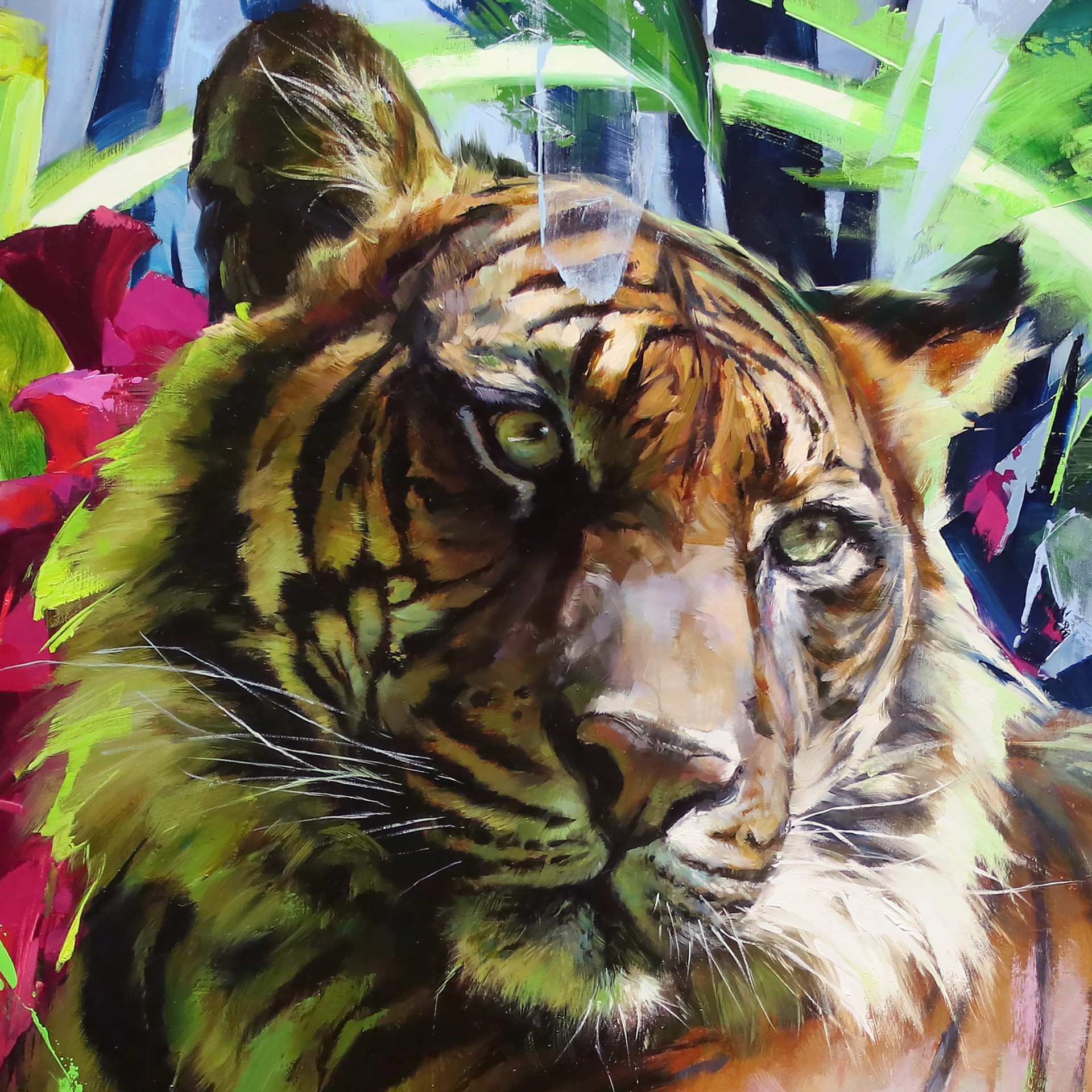 A painting of a tiger laying down in a field of flowers.