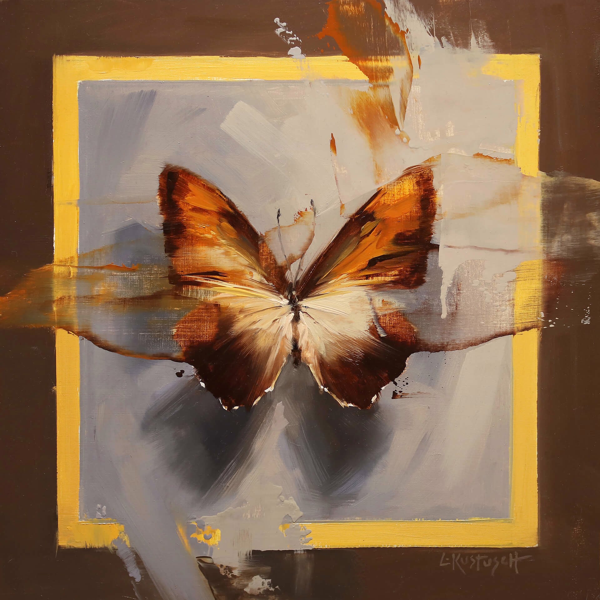A painting of a butterfly on a brown background.