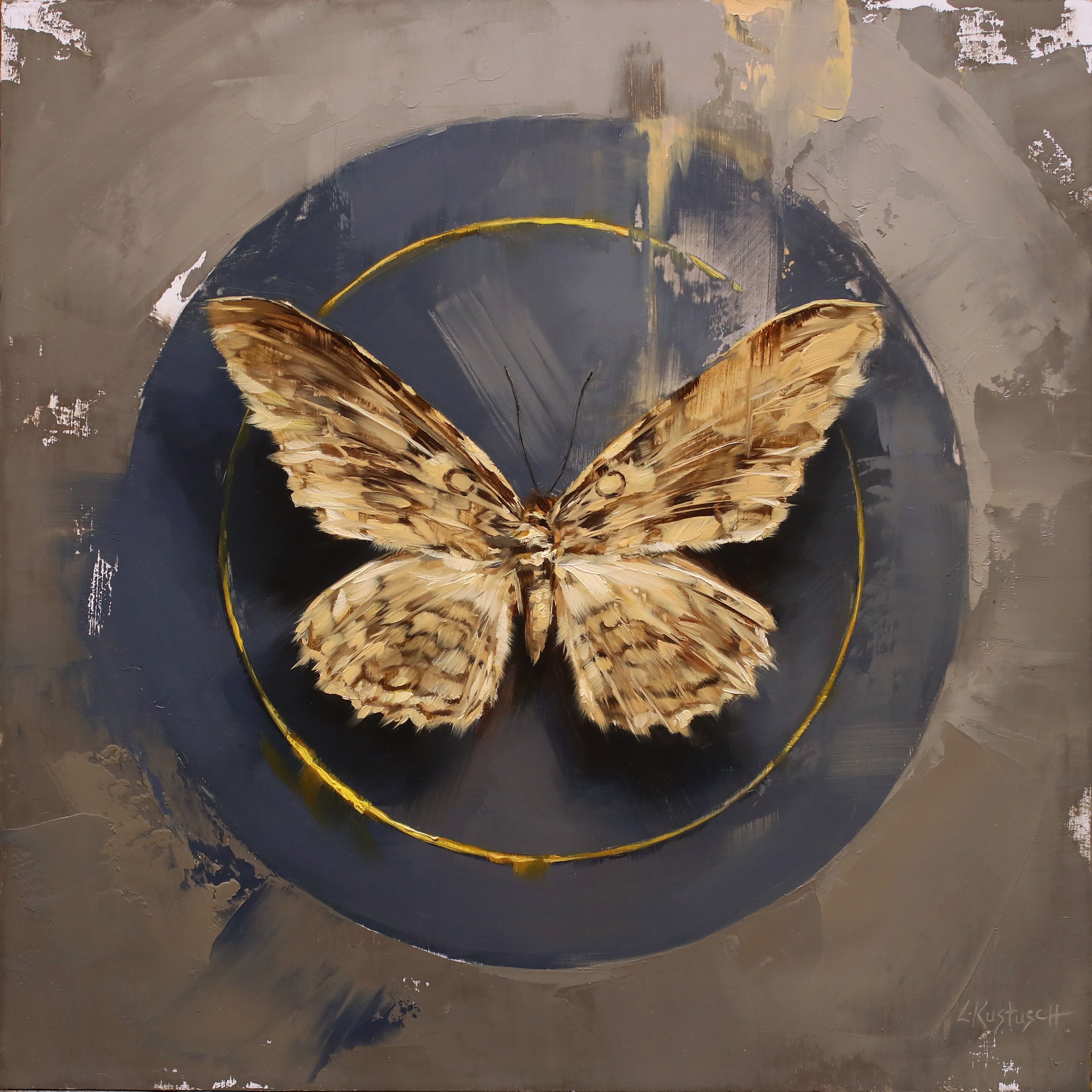 A painting of a butterfly on a blue circle.