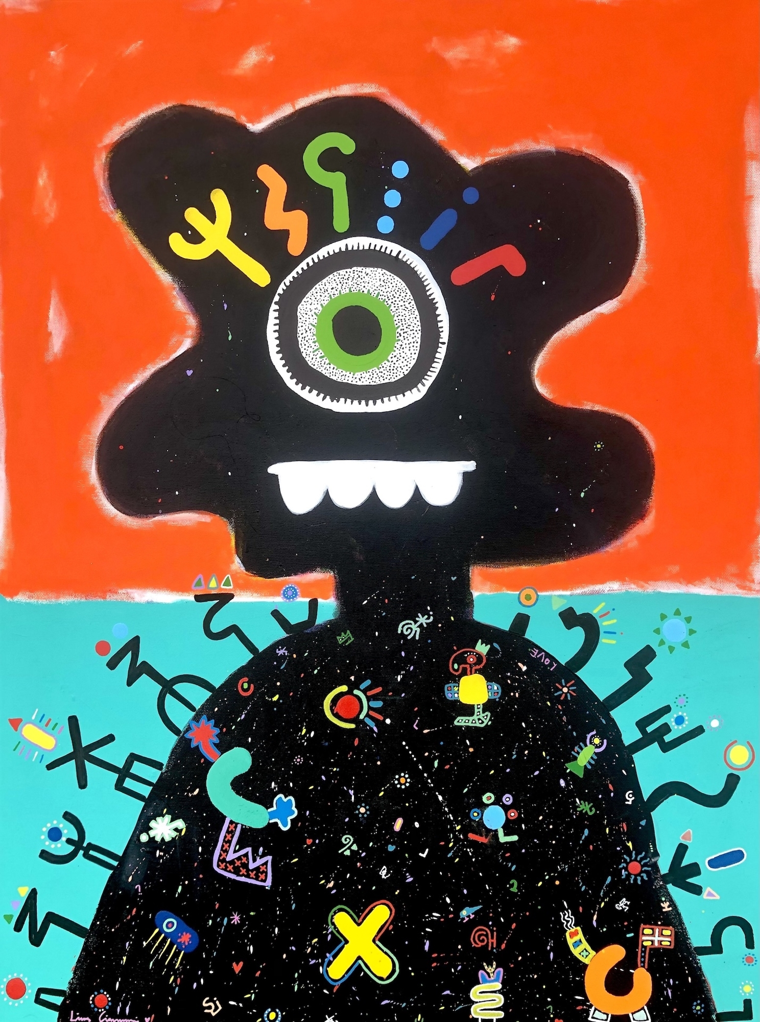 A colorful, abstract portrait of a black figure with a single large eye and a body covered in symbols.