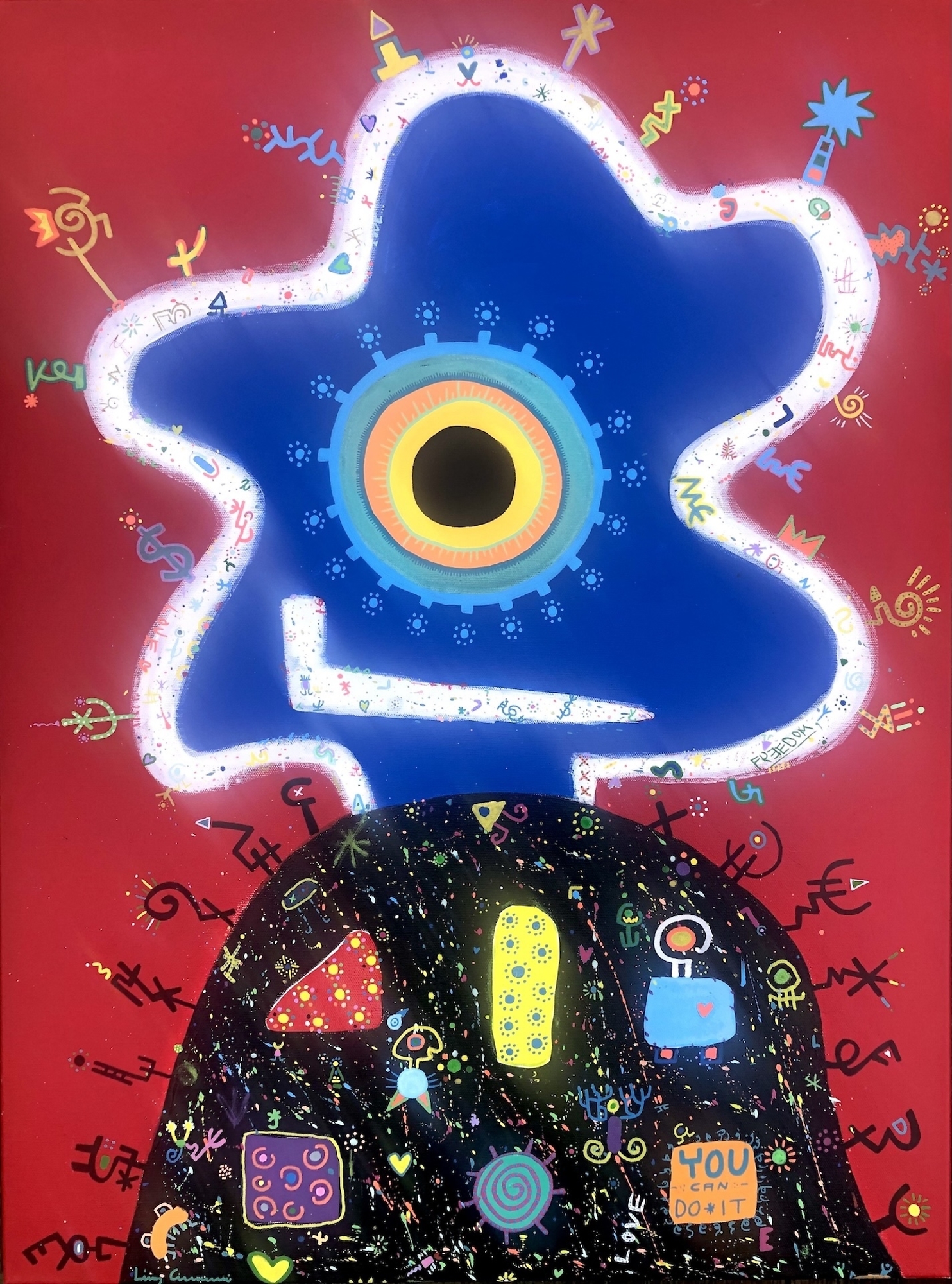 A vibrant abstract composition featuring a large blue flower-like shape with a central eye motif, surrounded by colorful symbols and a black foreground filled with scattered icons.