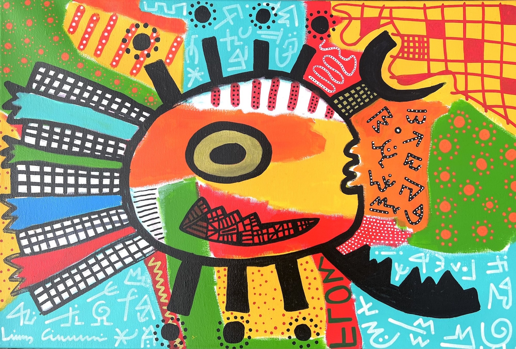 A vibrant, psychedelic portrait of a stylized figure with a single large eye and colorful geometric patterns.