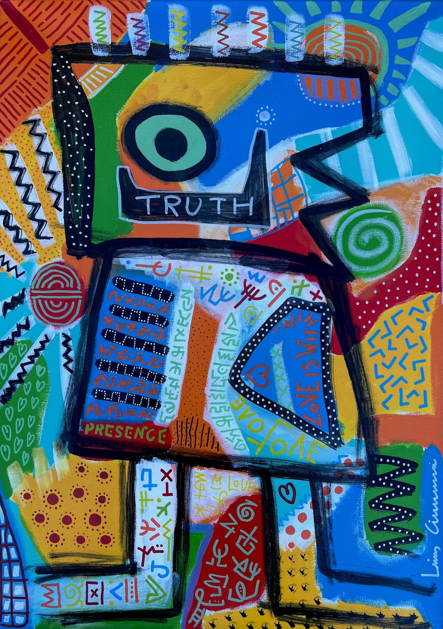 A vibrant, abstract robot figure composed of colorful geometric shapes and symbolic text.