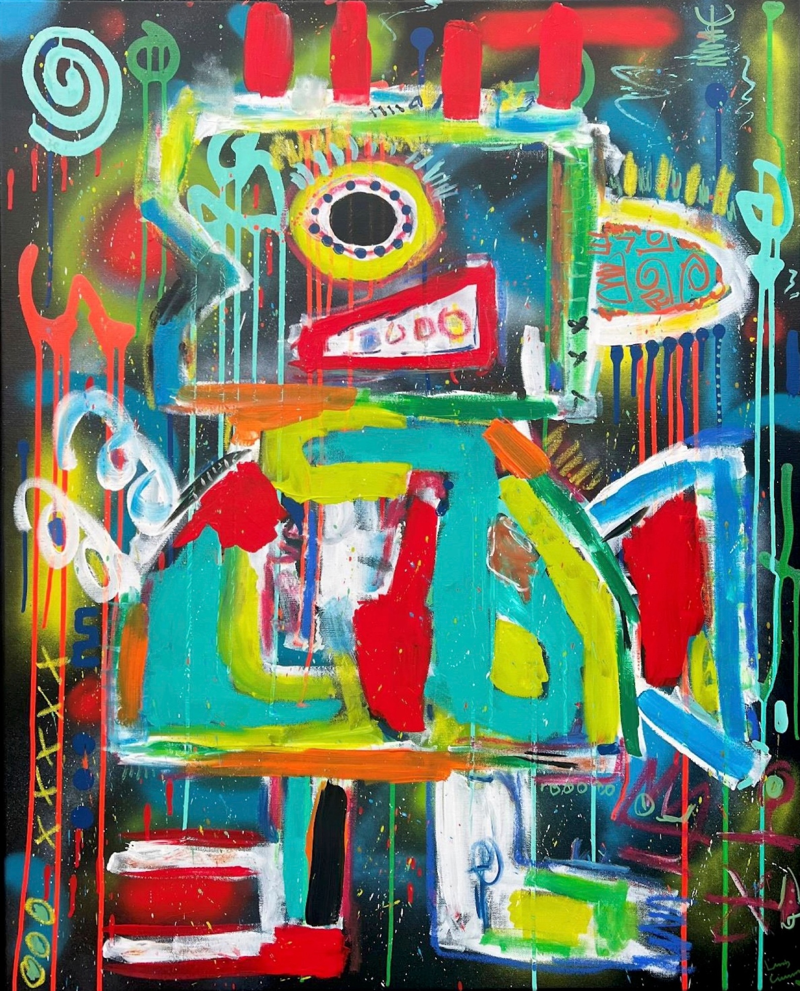 A vibrant abstract composition featuring a colorful, blocky robot-like figure amidst chaotic graffiti and paint drips.