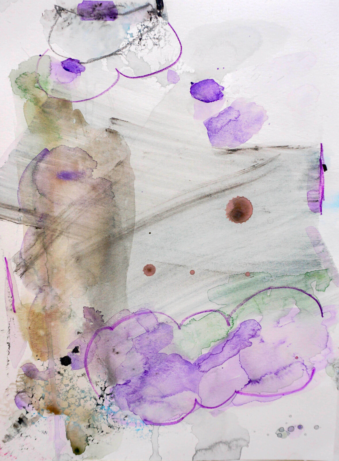 A watercolor painting of purple and green shapes on a white background.