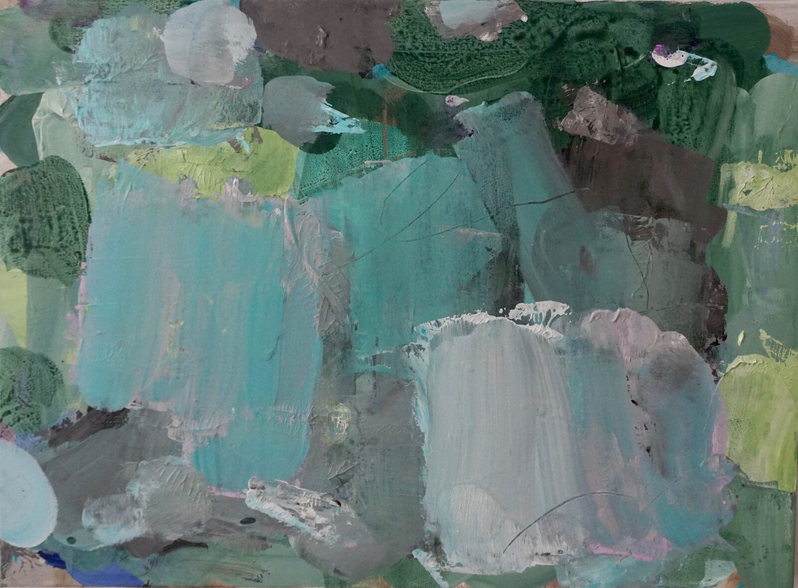 A painting of a green and blue abstract painting on a wall.