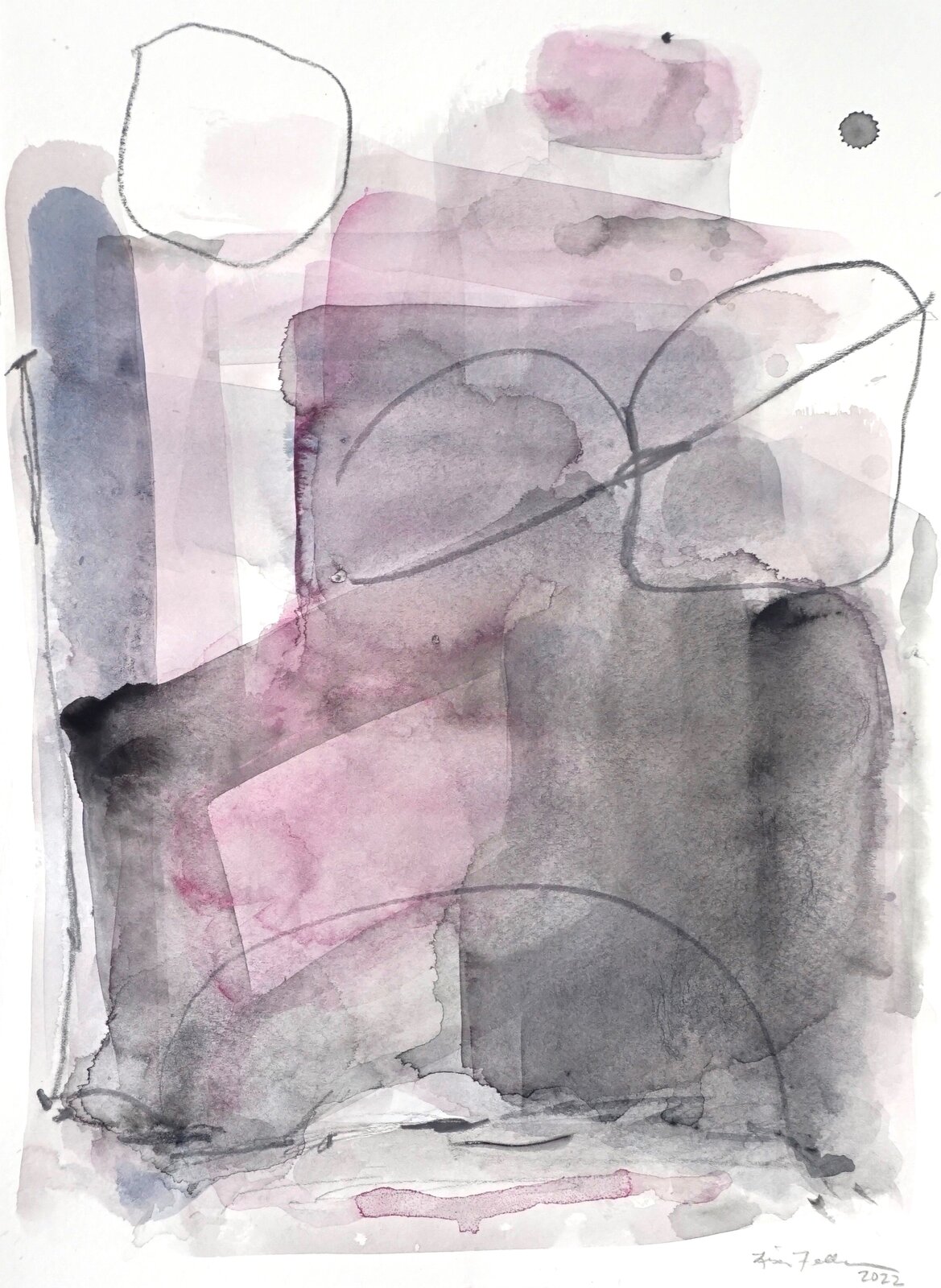 A watercolor painting of a pink and gray abstract painting.