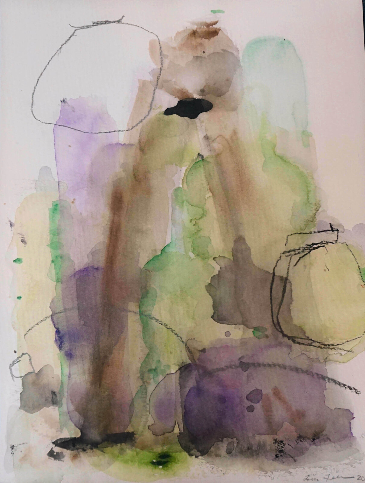 A watercolor painting of a woman sitting on a chair.