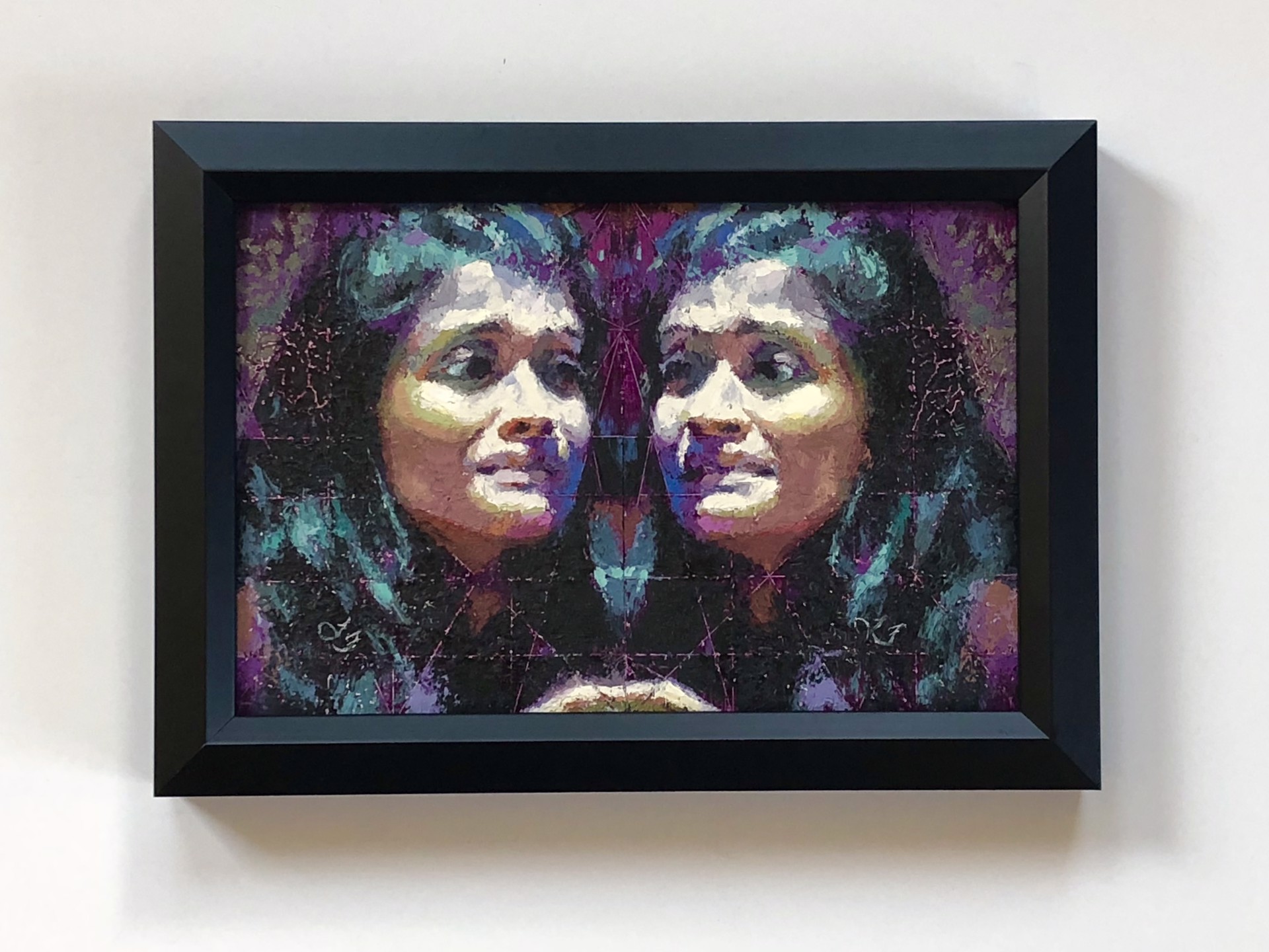 A mirrored portrait of a person with dark hair and a contemplative gaze, rendered in textured brushstrokes.