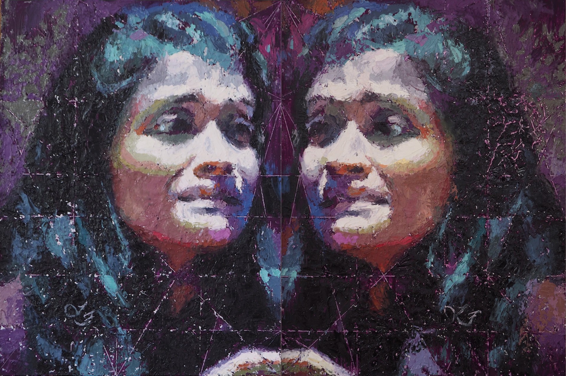 A mirrored portrait of a person with dark hair and a contemplative gaze, rendered in textured brushstrokes.