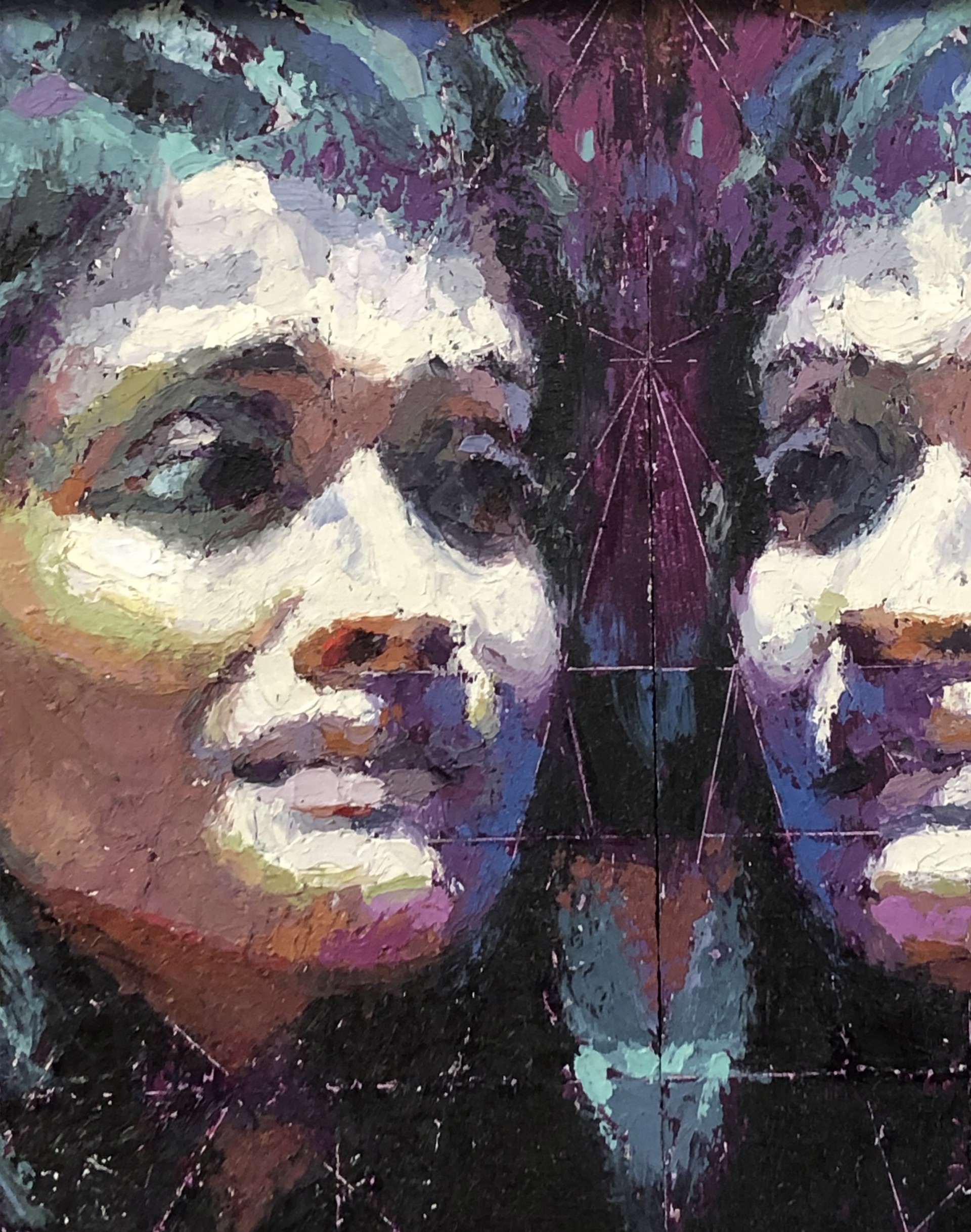 A mirrored portrait of a person with dark hair and a contemplative gaze, rendered in textured brushstrokes.
