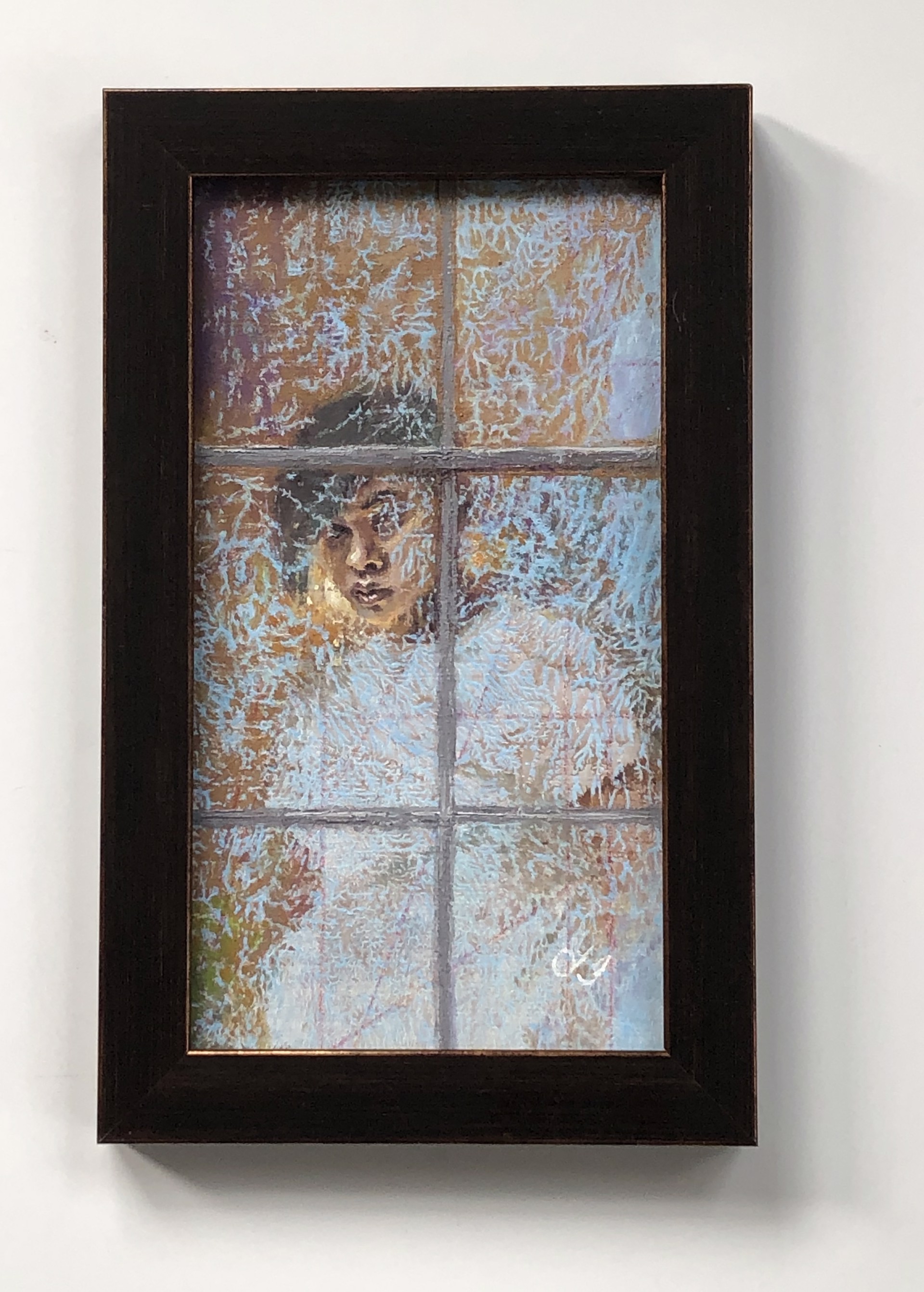 A painting of a woman looking out of a window.