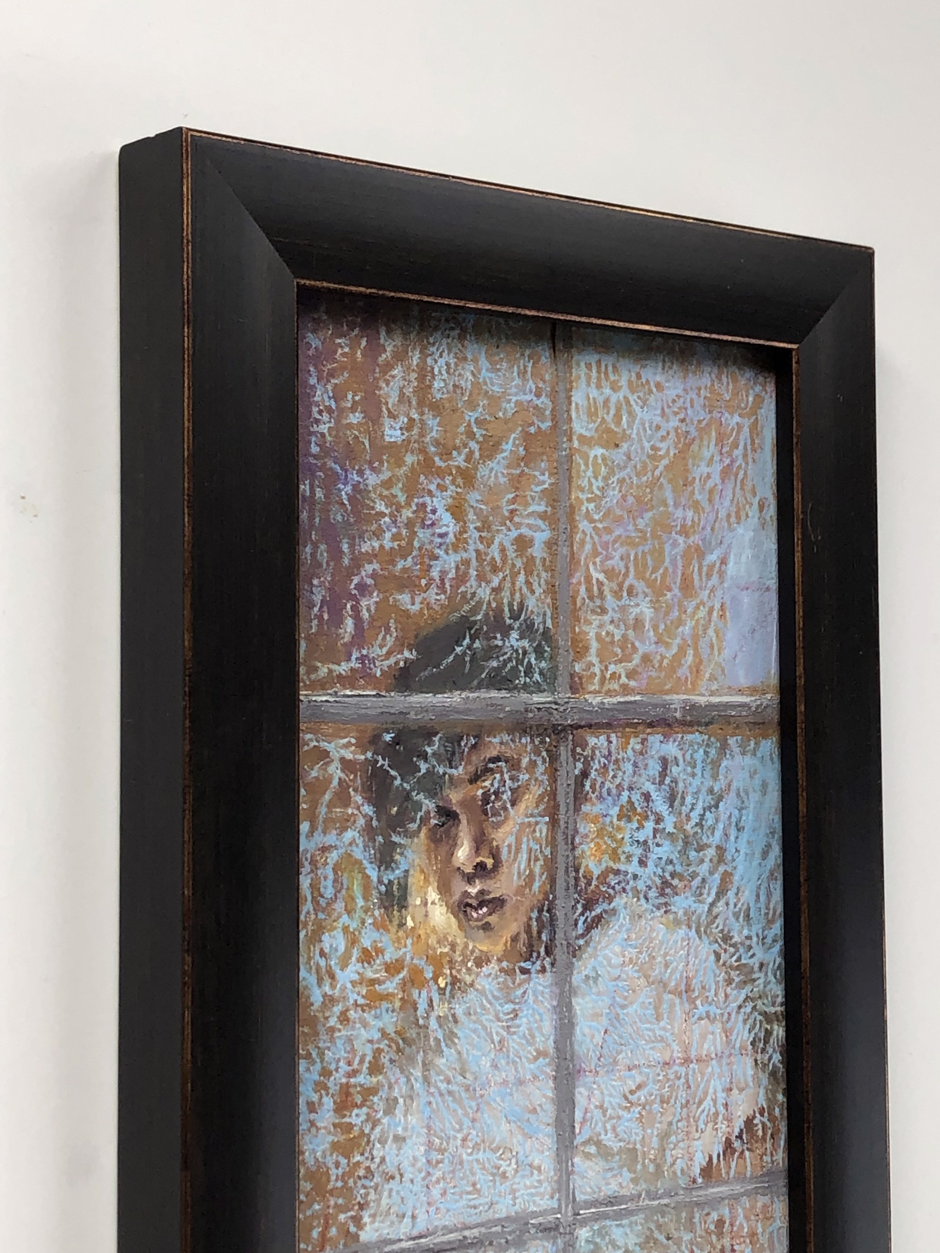 A painting of a woman looking out of a window.