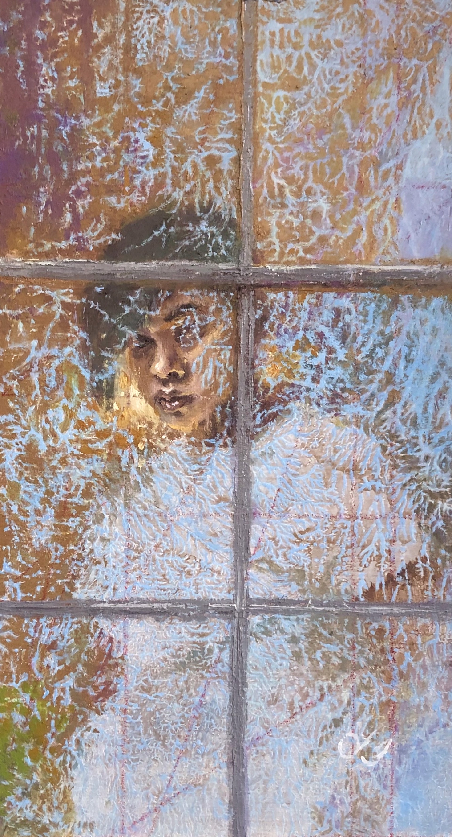 A painting of a woman looking out of a window.