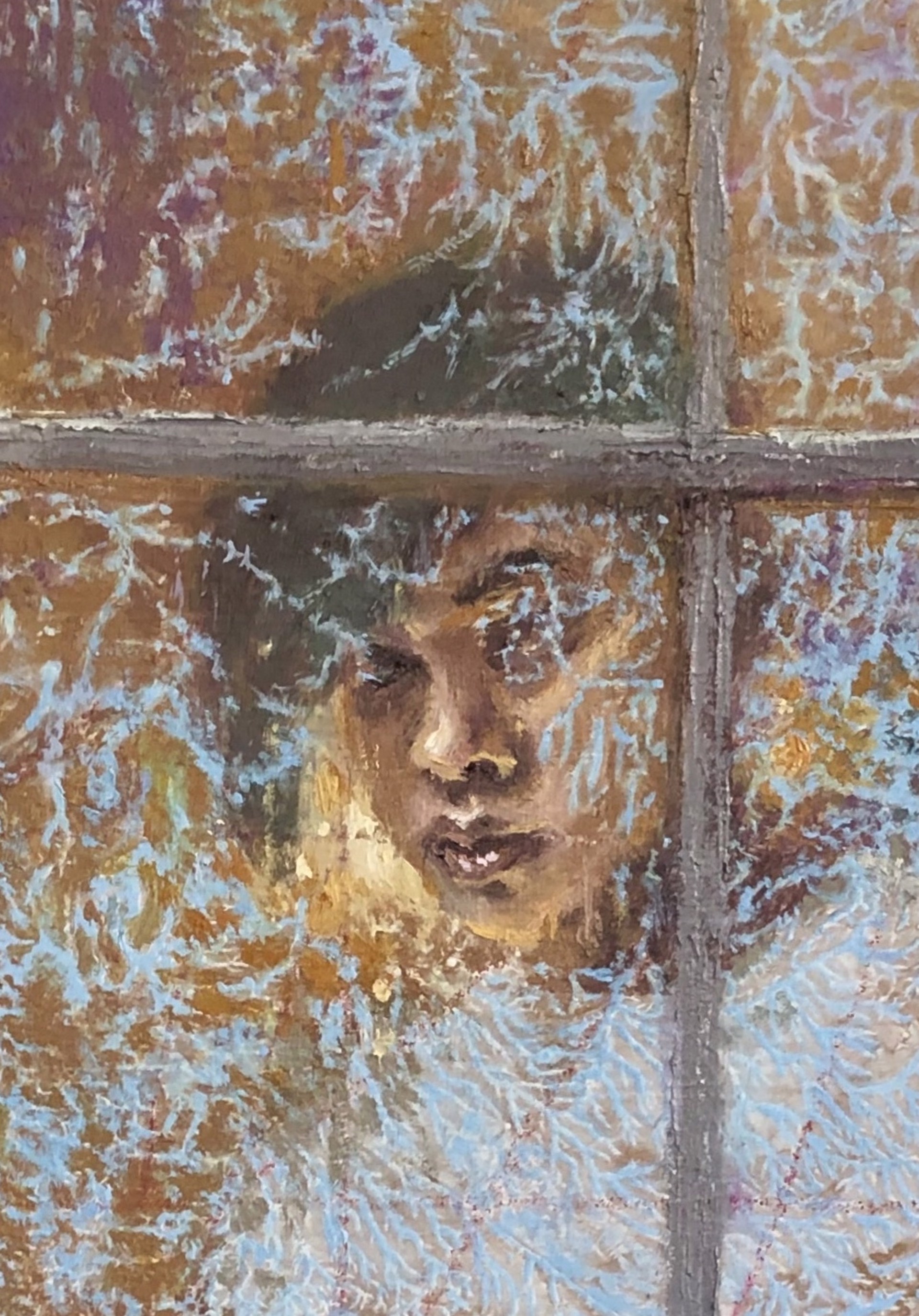 A painting of a woman looking out of a window.