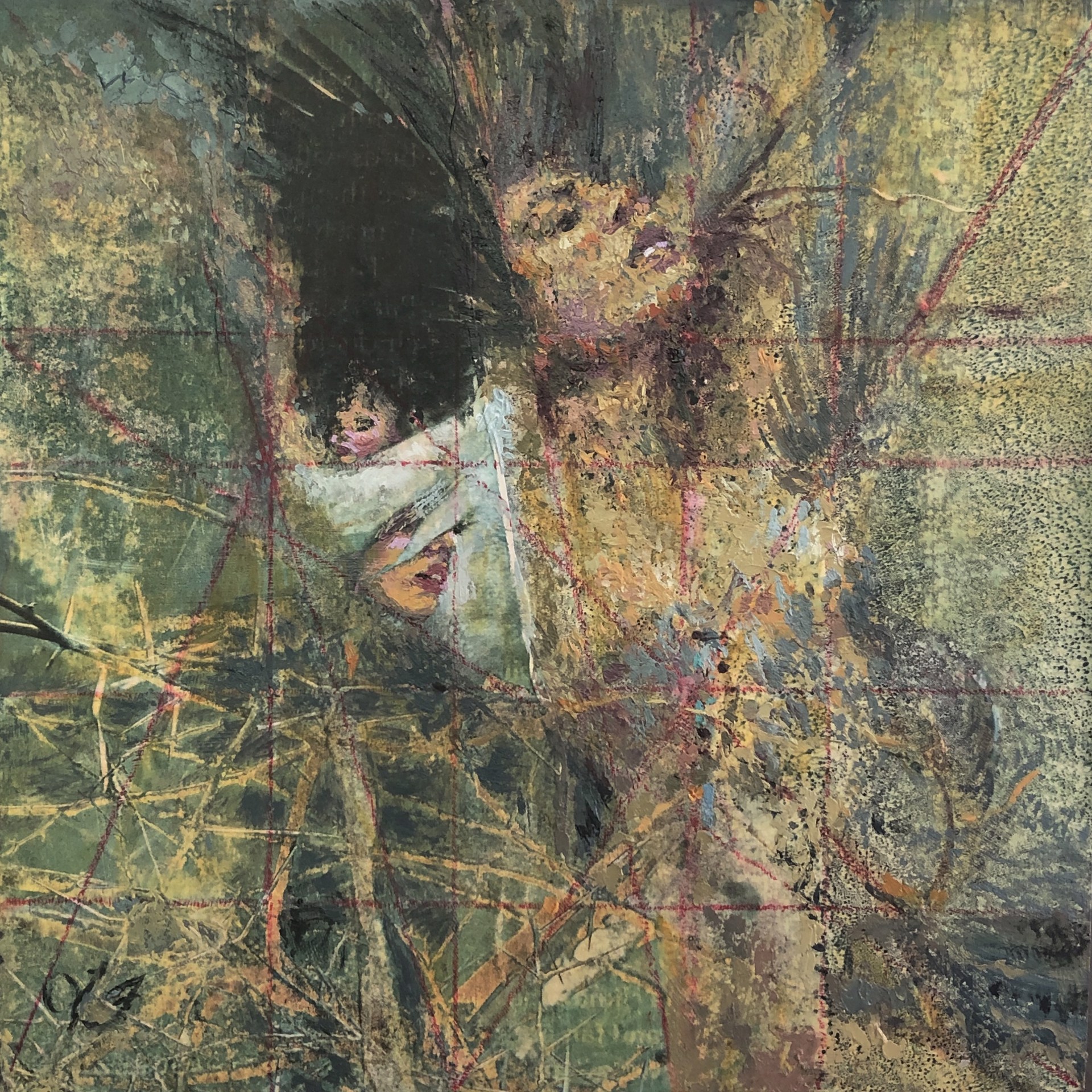 A painting of a woman holding a baby in her arms.