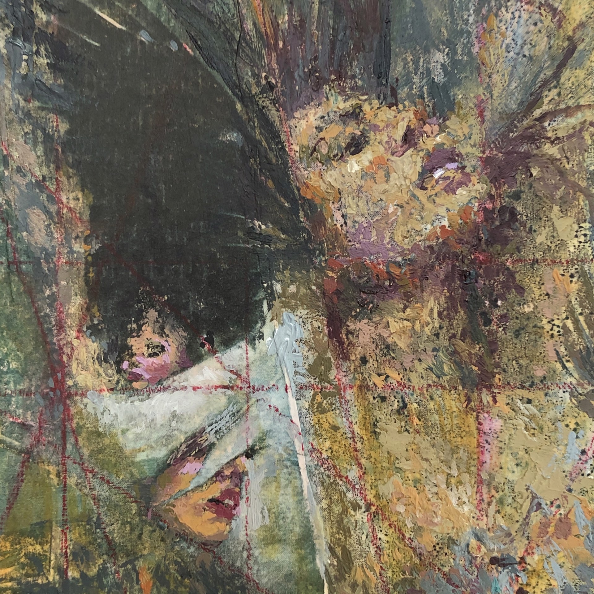A painting of a woman holding a baby in her arms.