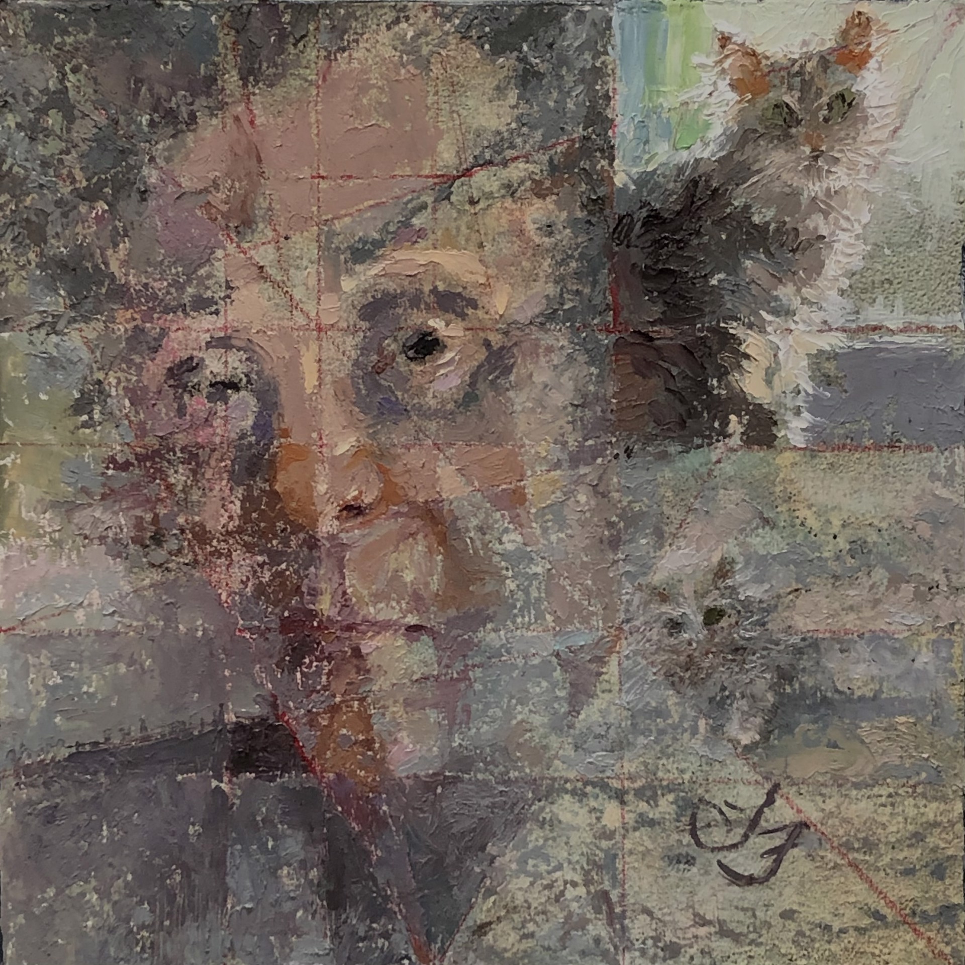 A painting of a man with a cat on his shoulder.