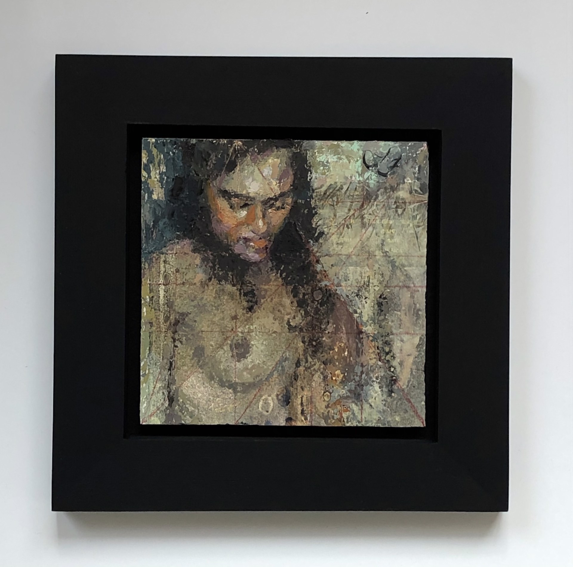 A textured portrait of a figure with dark hair and a contemplative gaze, rendered in earthy tones.