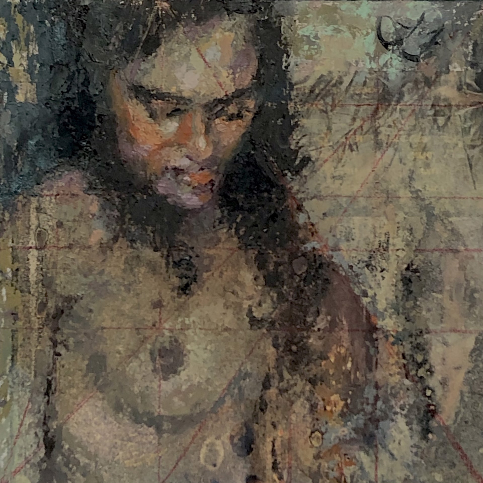 A textured portrait of a figure with dark hair and a contemplative gaze, rendered in earthy tones.