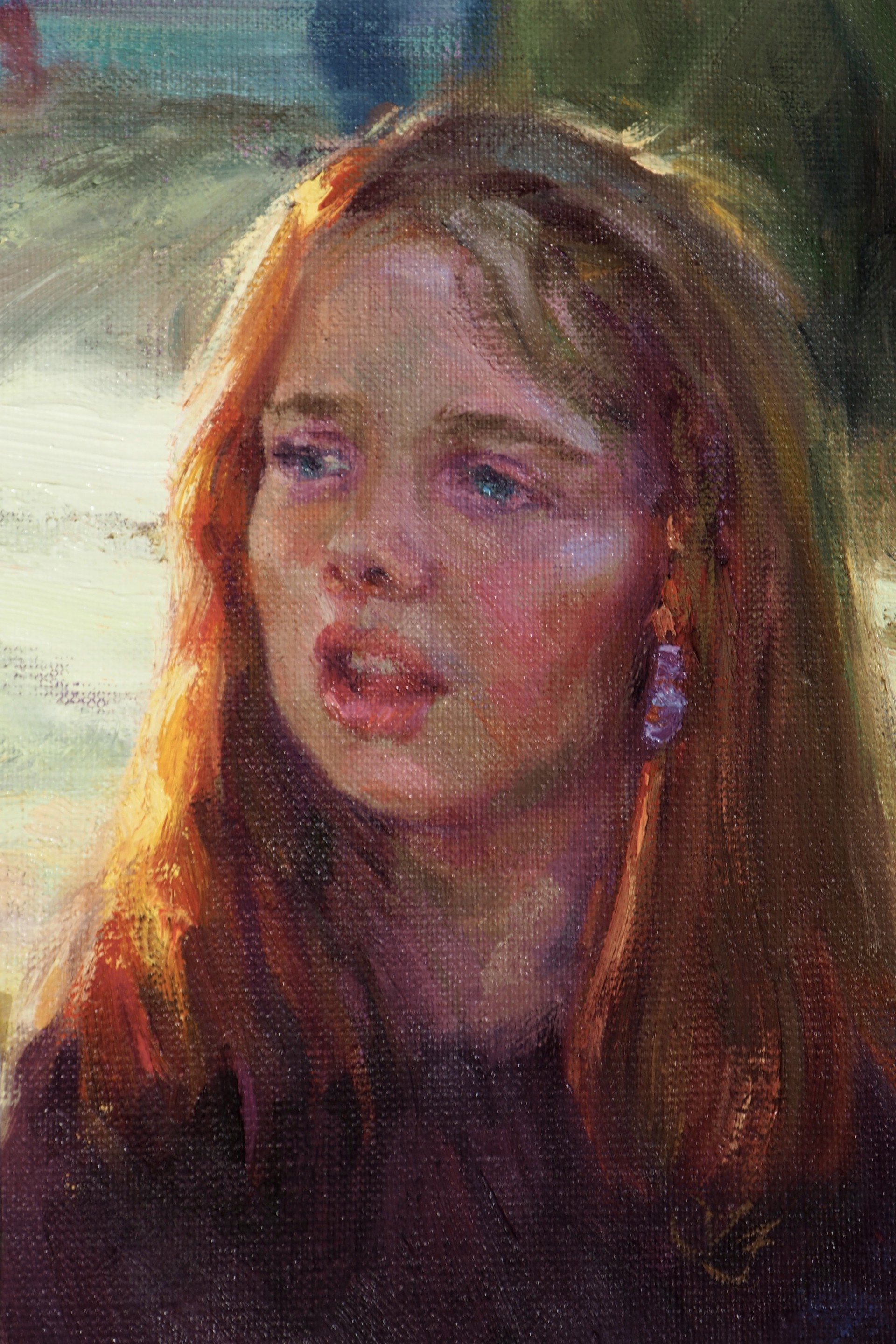 A close-up portrait of a young figure with reddish-blonde hair and blue eyes, captured in an expressive oil painting style.