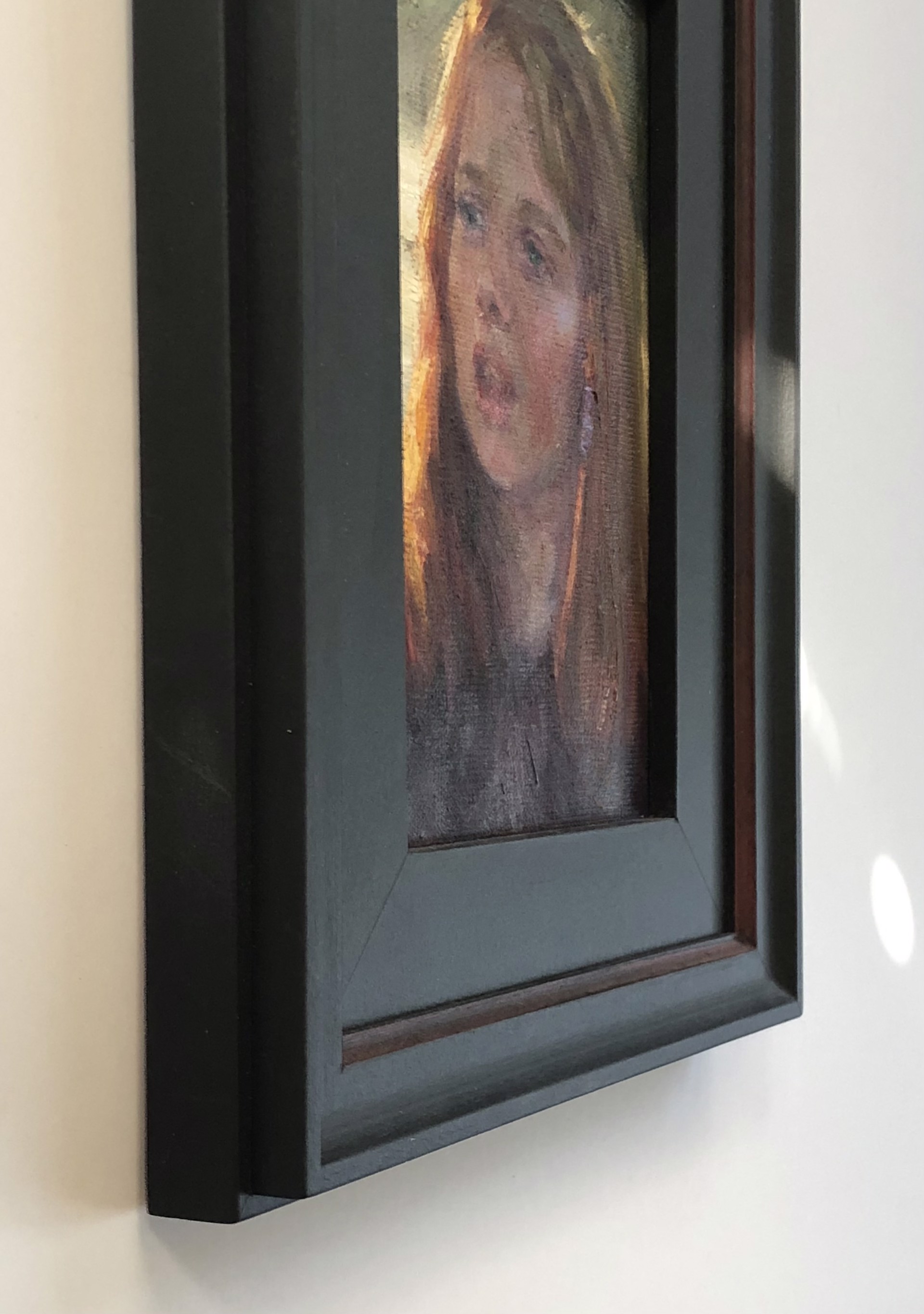A close-up portrait of a young figure with reddish-blonde hair and blue eyes, captured in an expressive oil painting style.