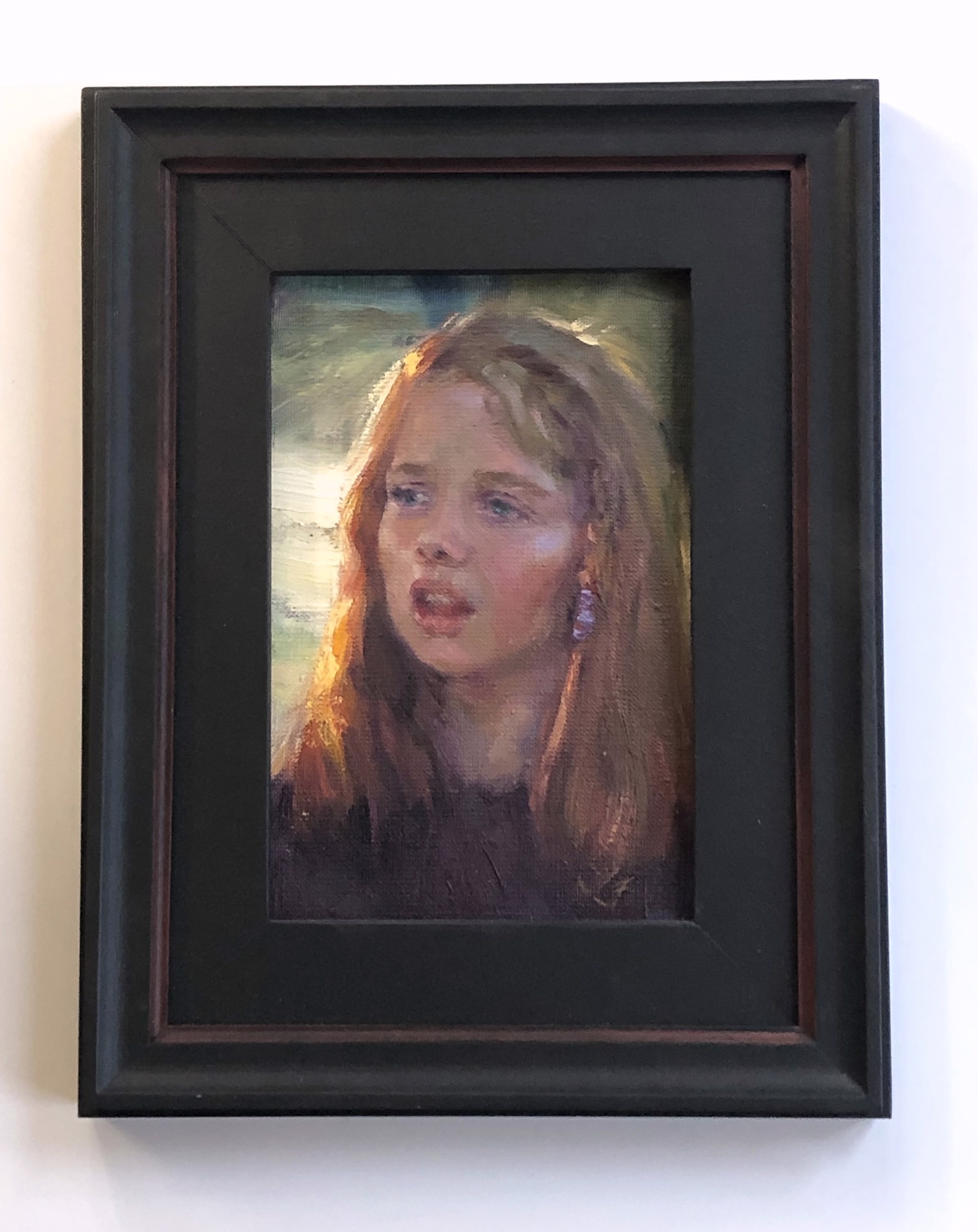 A close-up portrait of a young figure with reddish-blonde hair and blue eyes, captured in an expressive oil painting style.