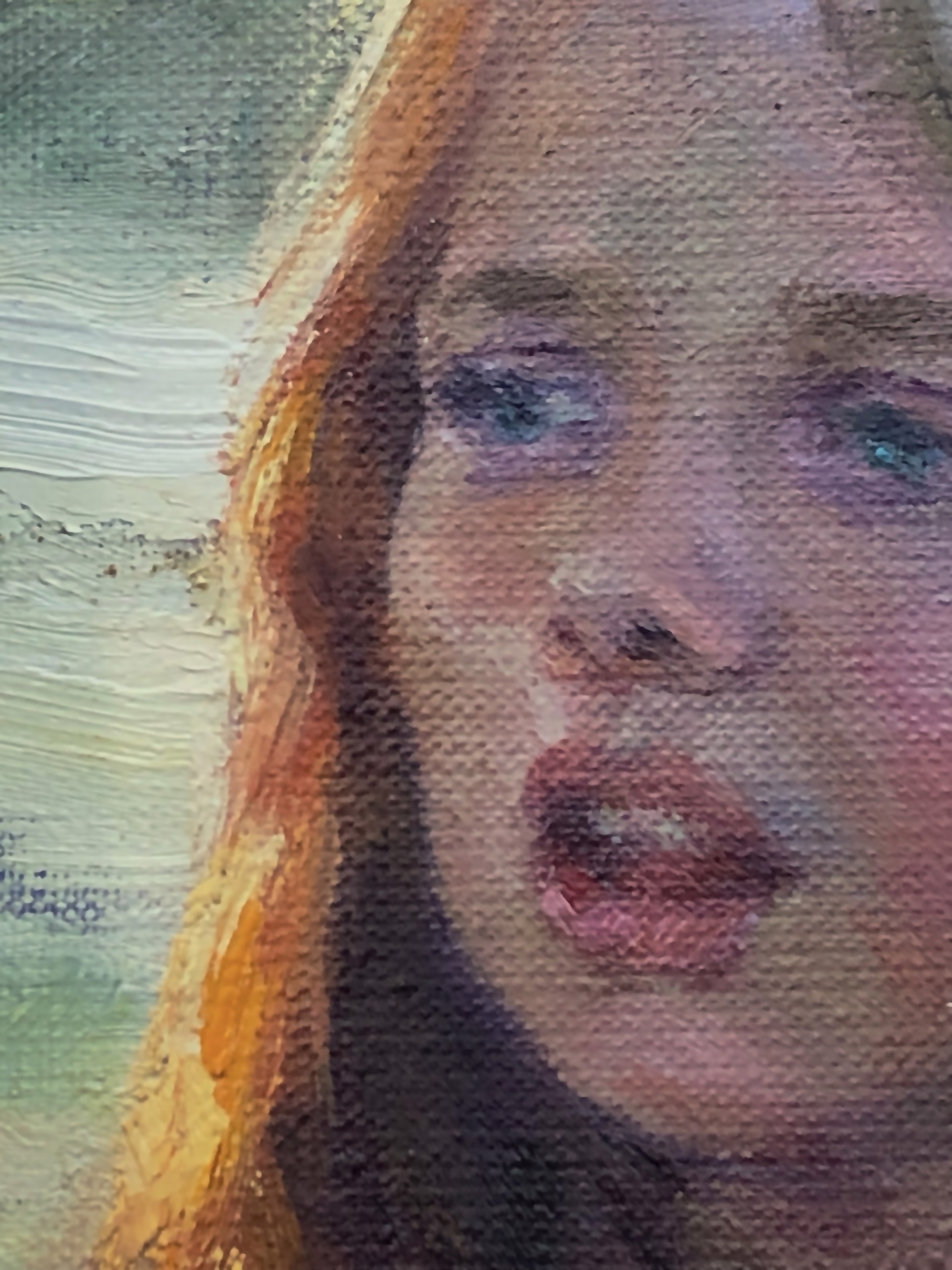 A close-up portrait of a young figure with reddish-blonde hair and blue eyes, captured in an expressive oil painting style.