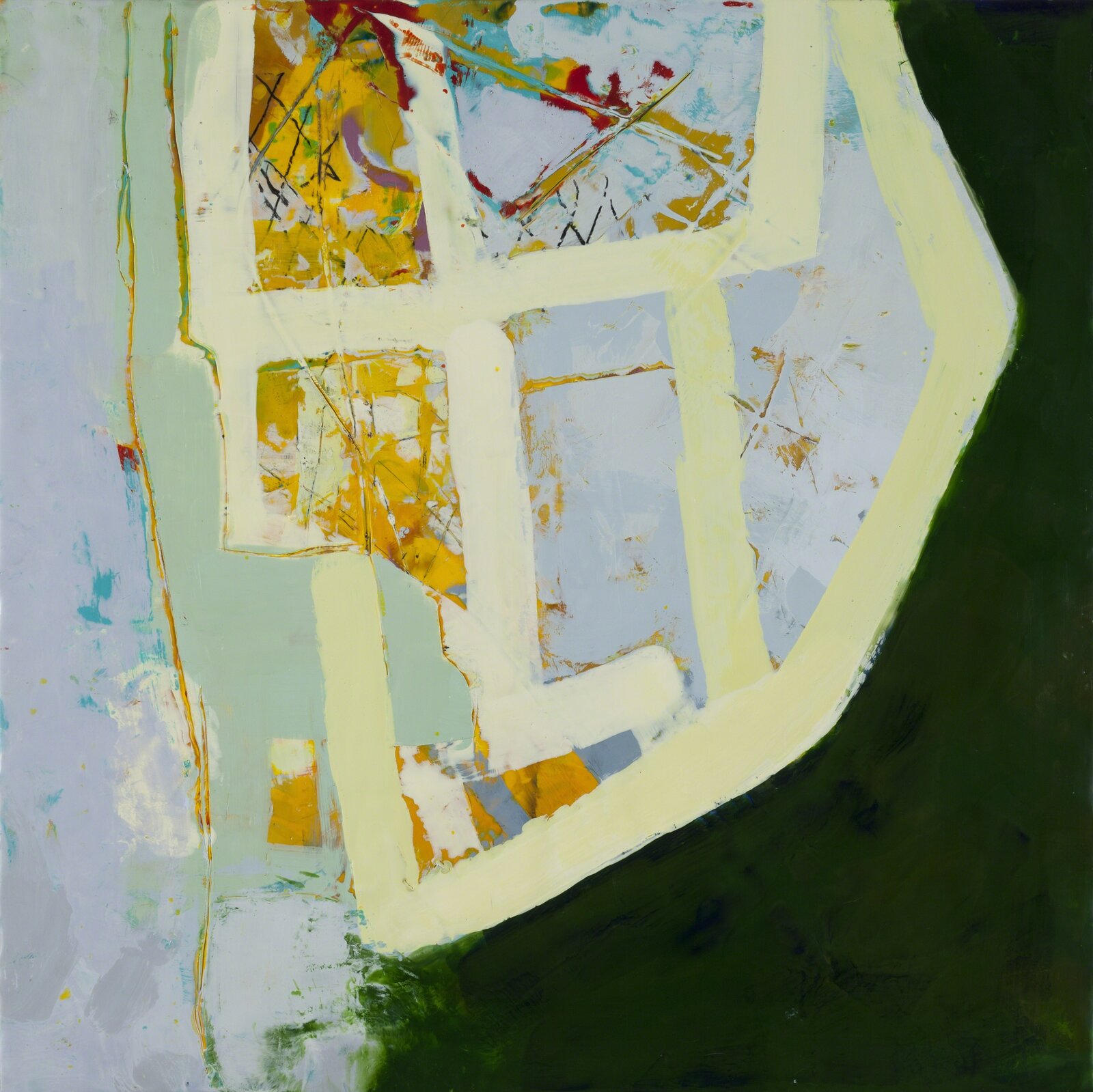 A painting of a basketball hoop on a green background.
